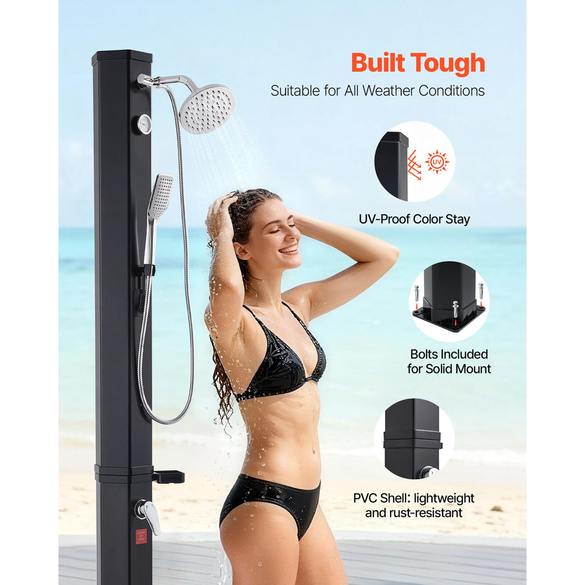 40L Solar Heated Shower, 205cm Showerhead Height Outdoor Shower, with Handheld & Foot Faucet, Hot & Cold Water Adjustment, Freestanding for Backyard Poolside Beach Pool, Black