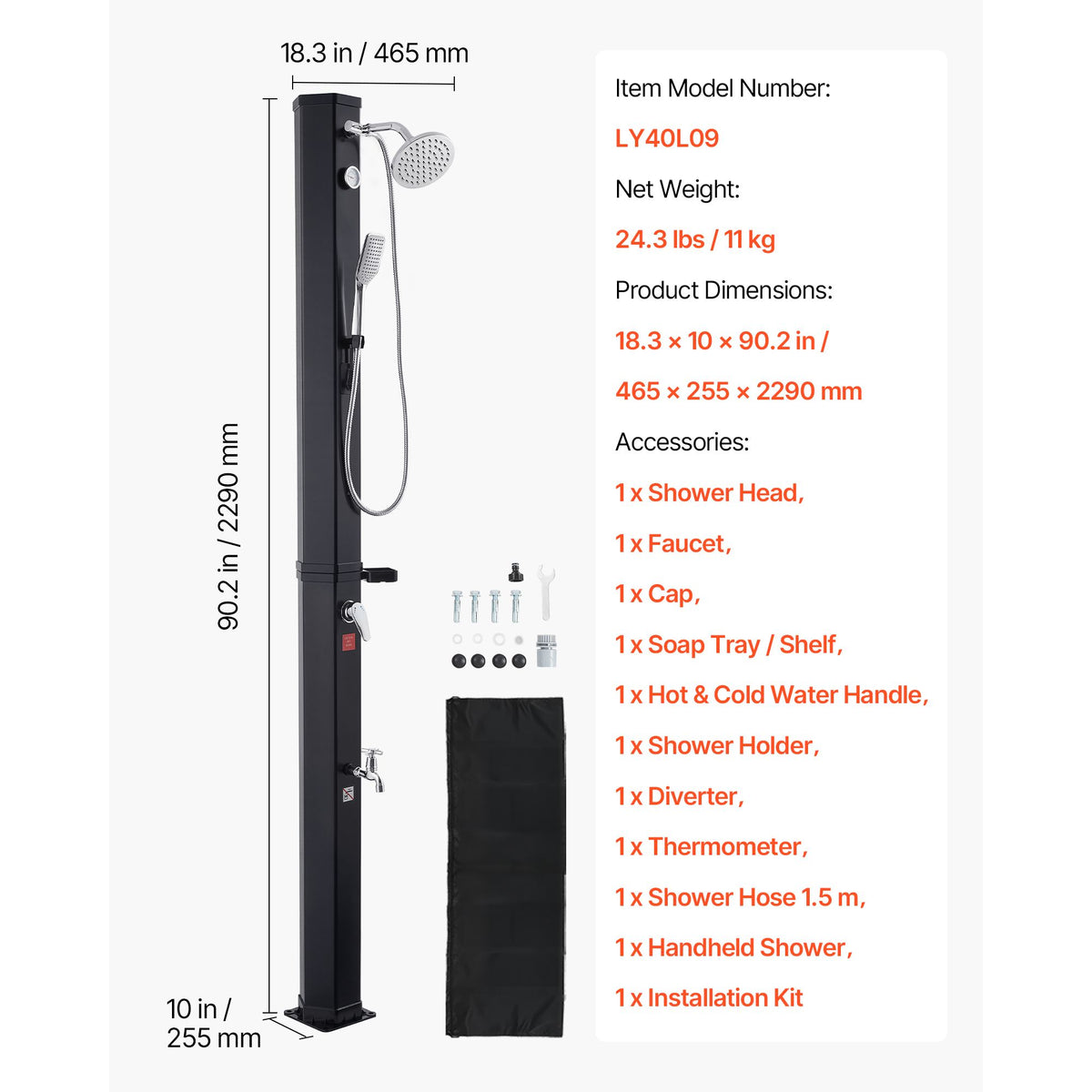 40L Solar Heated Shower, 205cm Showerhead Height Outdoor Shower, with Handheld & Foot Faucet, Hot & Cold Water Adjustment, Freestanding for Backyard Poolside Beach Pool, Black