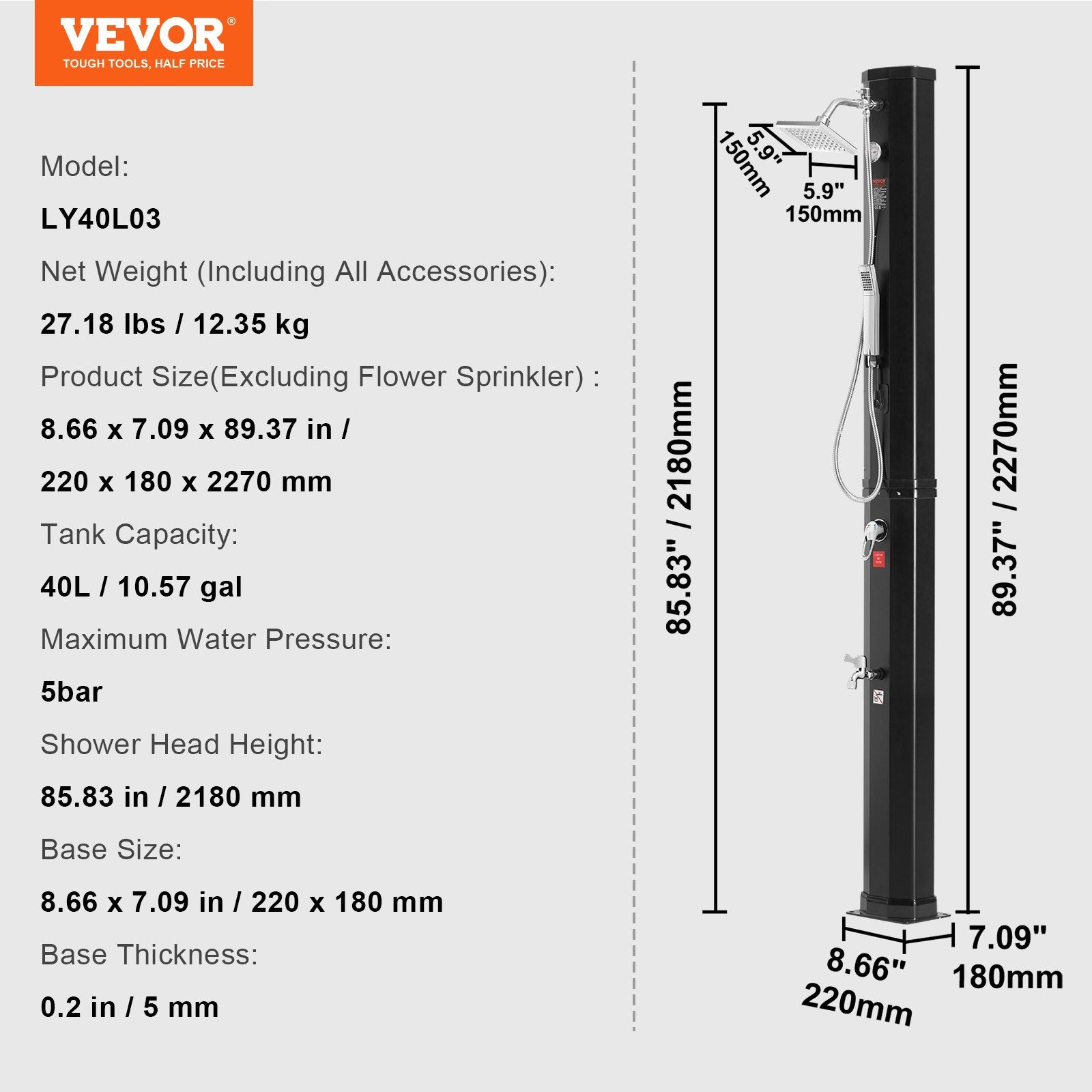 Outdoor Solar Heated Shower, 40L Poolside Shower Kit with 2 Shower Head and Foot Shower Tap, Handheld/Hanging Two Modes Fast Assembly W/ Pre-Drilled Hole for Outdoor Backyard Poolside Beach Spa