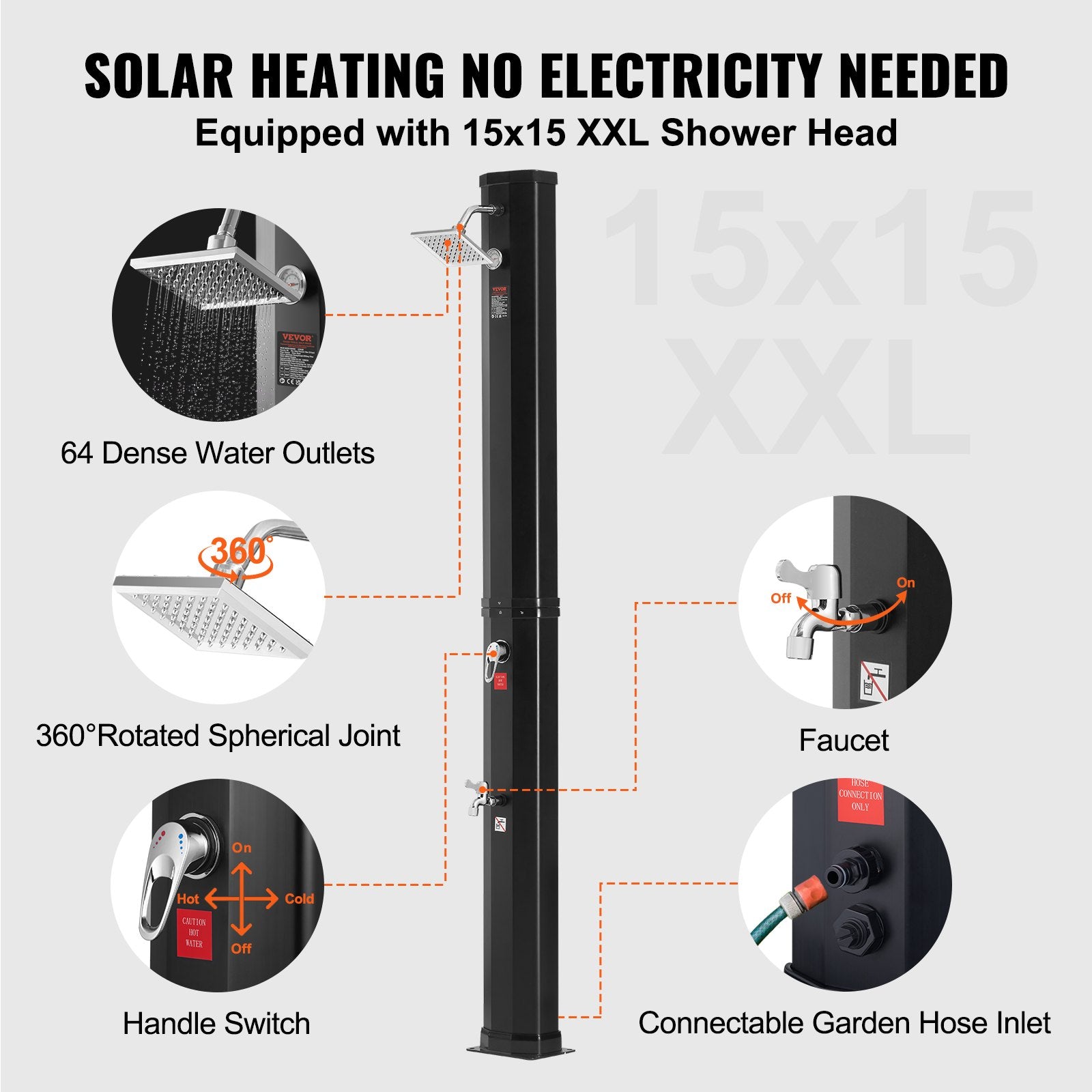 Fountain & Ponds Accessories: VEVOR Outdoor Solar Heated Shower, 35L Poolside Shower Kit with Shower Head and Foot Shower Tap, Double Buckle Fast Assembly W/ Pre-Drilled Holes for Outdoor Backyard Poolside Beach Spa