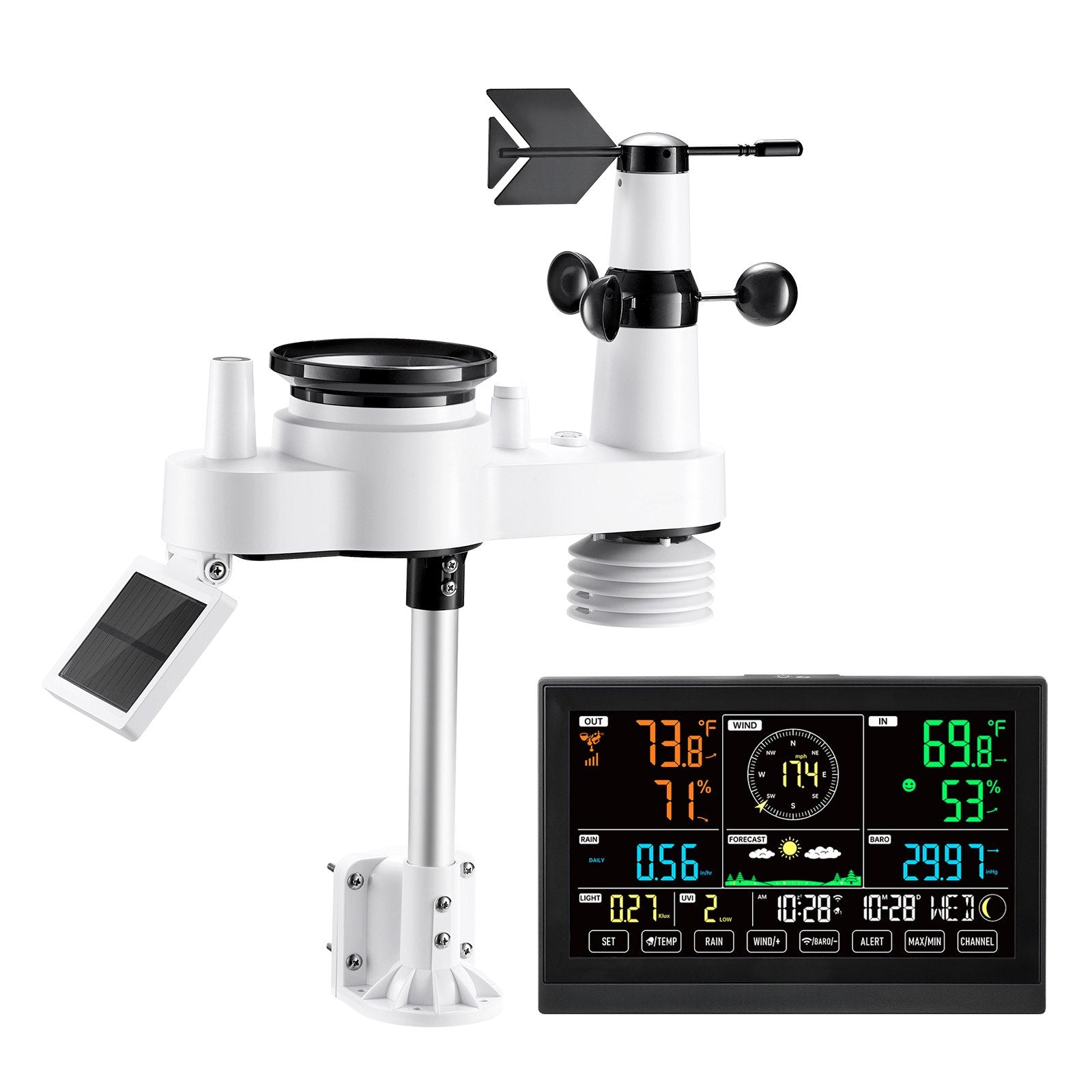 7-in-1 Wi-Fi Weather Station with APP, 190.5 mm VA Display, Wireless Solar Powered Outdoor Sensor, Rain Gauge, Indoor Outdoor for Weather Forecast, Wind Speed, Temperature, Humidity, Rainfall