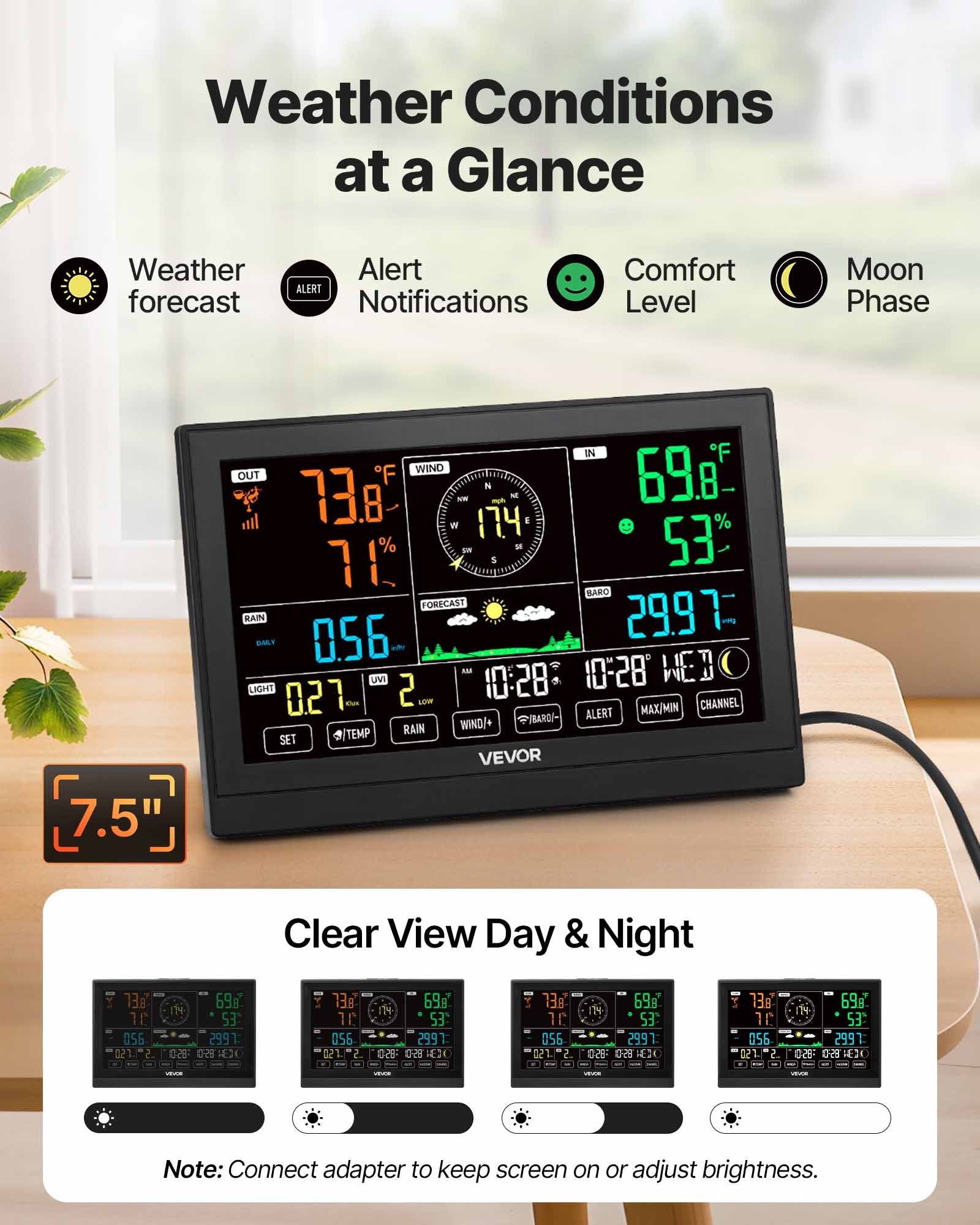 7-in-1 Wi-Fi Weather Station with APP, 190.5 mm VA Display, Wireless Solar Powered Outdoor Sensor, Rain Gauge, Indoor Outdoor for Weather Forecast, Wind Speed, Temperature, Humidity, Rainfall