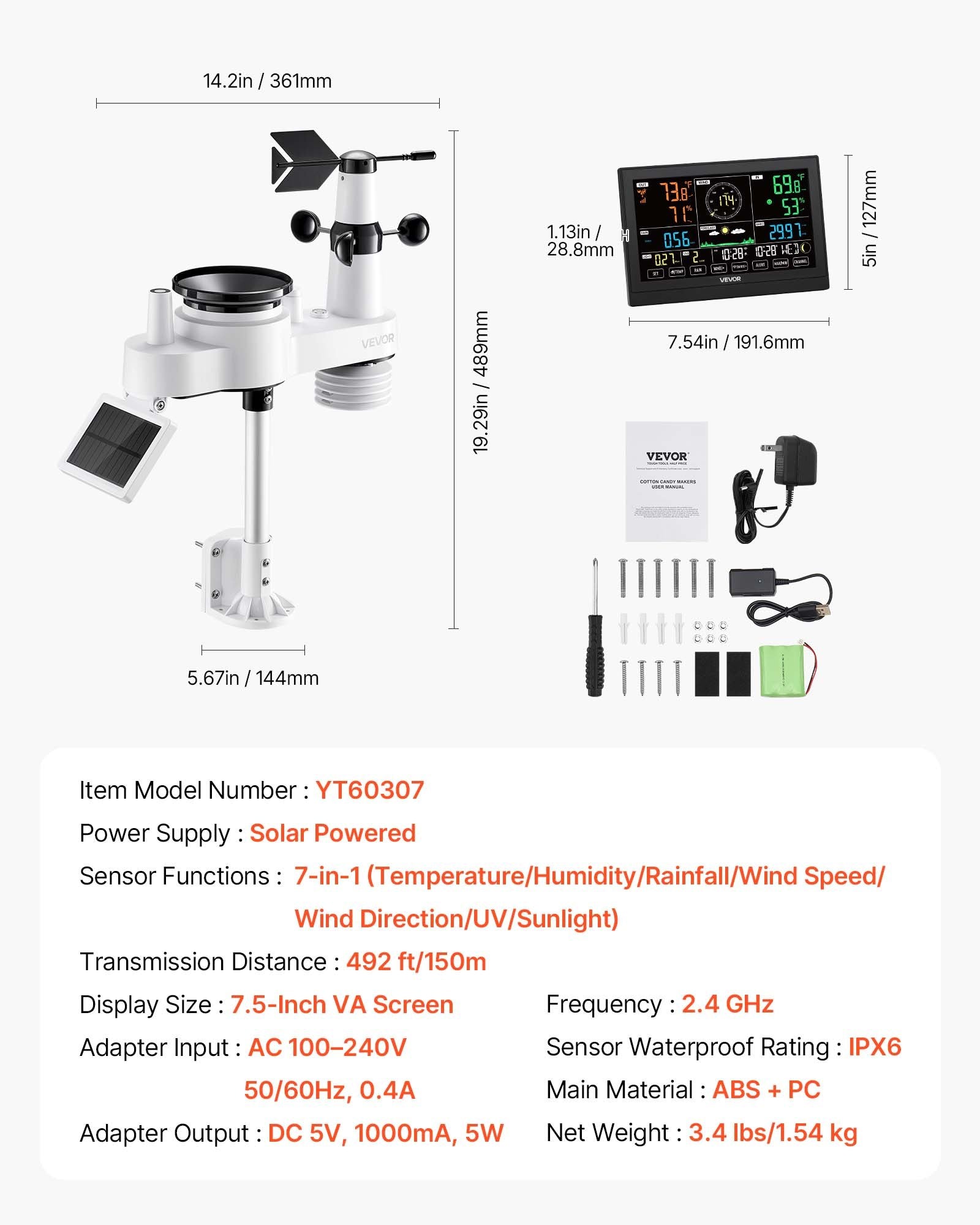 7-in-1 Wi-Fi Weather Station with APP, 190.5 mm VA Display, Wireless Solar Powered Outdoor Sensor, Rain Gauge, Indoor Outdoor for Weather Forecast, Wind Speed, Temperature, Humidity, Rainfall