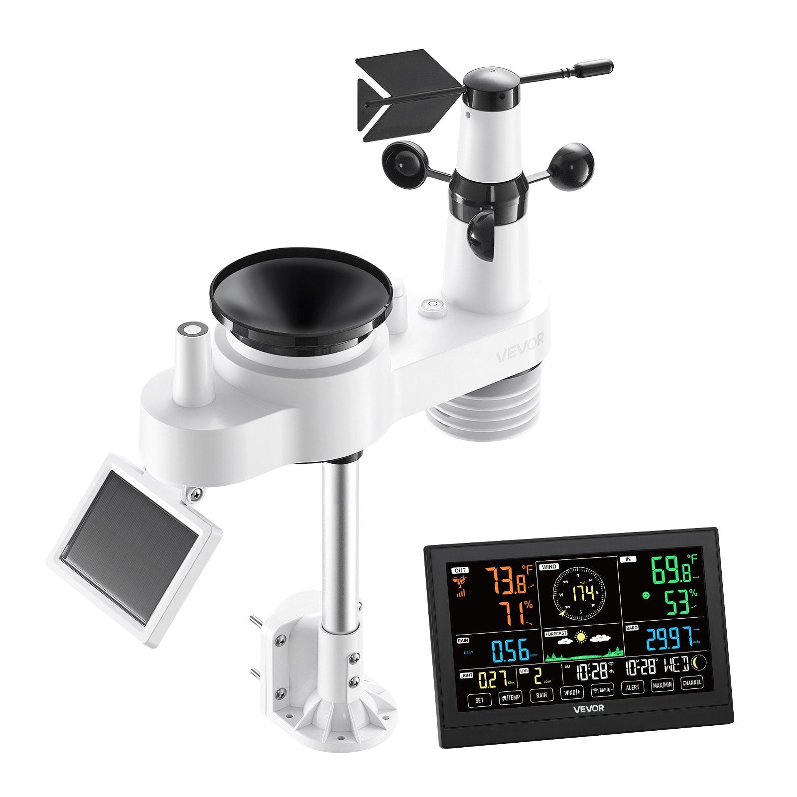 7-in-1 Wi-Fi Weather Station with APP, 190.5 mm VA Display, Wireless Solar Powered Outdoor Sensor, Rain Gauge, Indoor Outdoor for Weather Forecast, Wind Speed, Temperature, Humidity, Rainfall