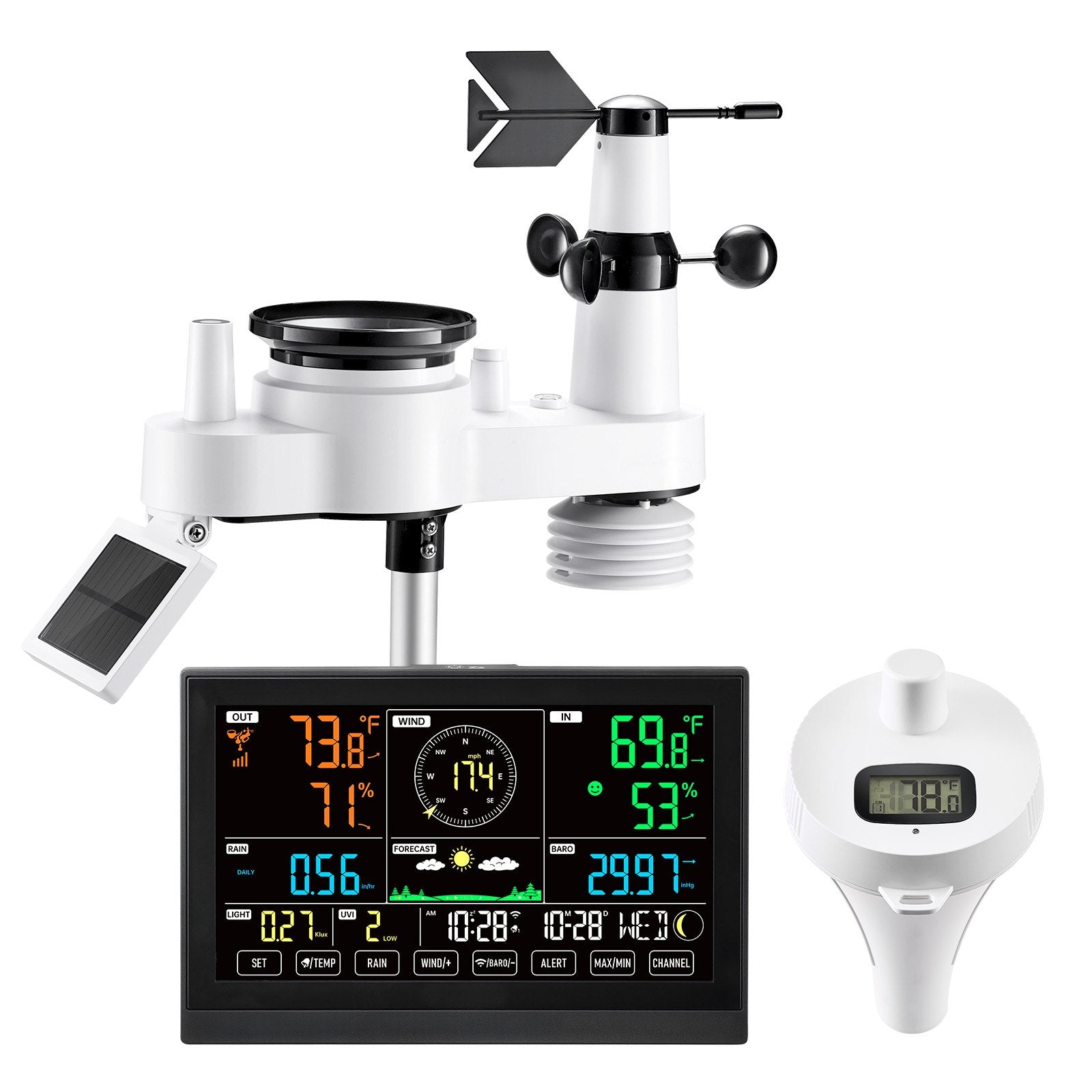 7-in-1 Wi-Fi Weather Station with APP, 190.5 mm Display, Wireless Solar Powered Outdoor Sensor, with Pool Thermometer, Rain Gauge, Indoor Outdoor for Weather Forecast Wind Speed Pool Temperature