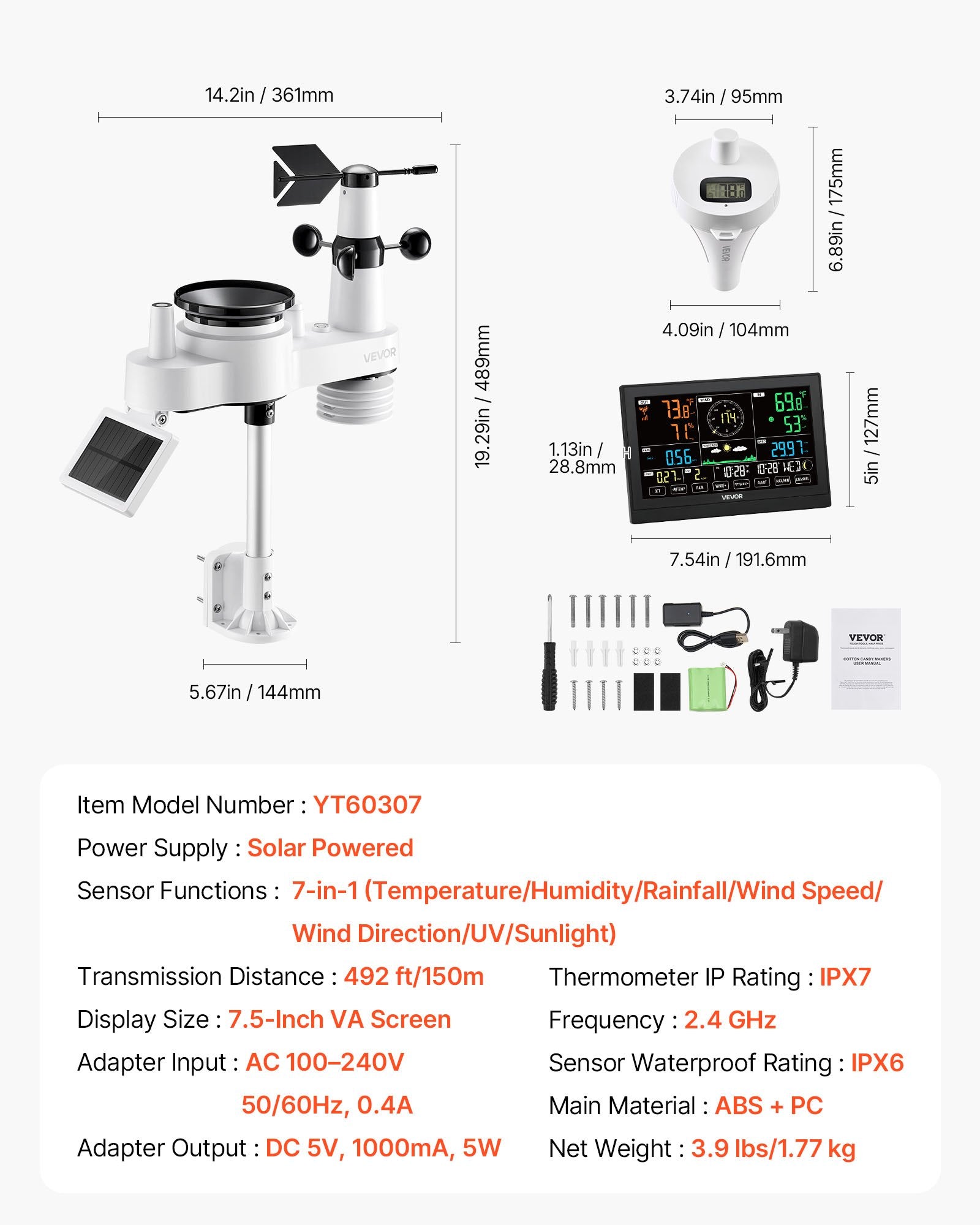 7-in-1 Wi-Fi Weather Station with APP, 190.5 mm Display, Wireless Solar Powered Outdoor Sensor, with Pool Thermometer, Rain Gauge, Indoor Outdoor for Weather Forecast Wind Speed Pool Temperature