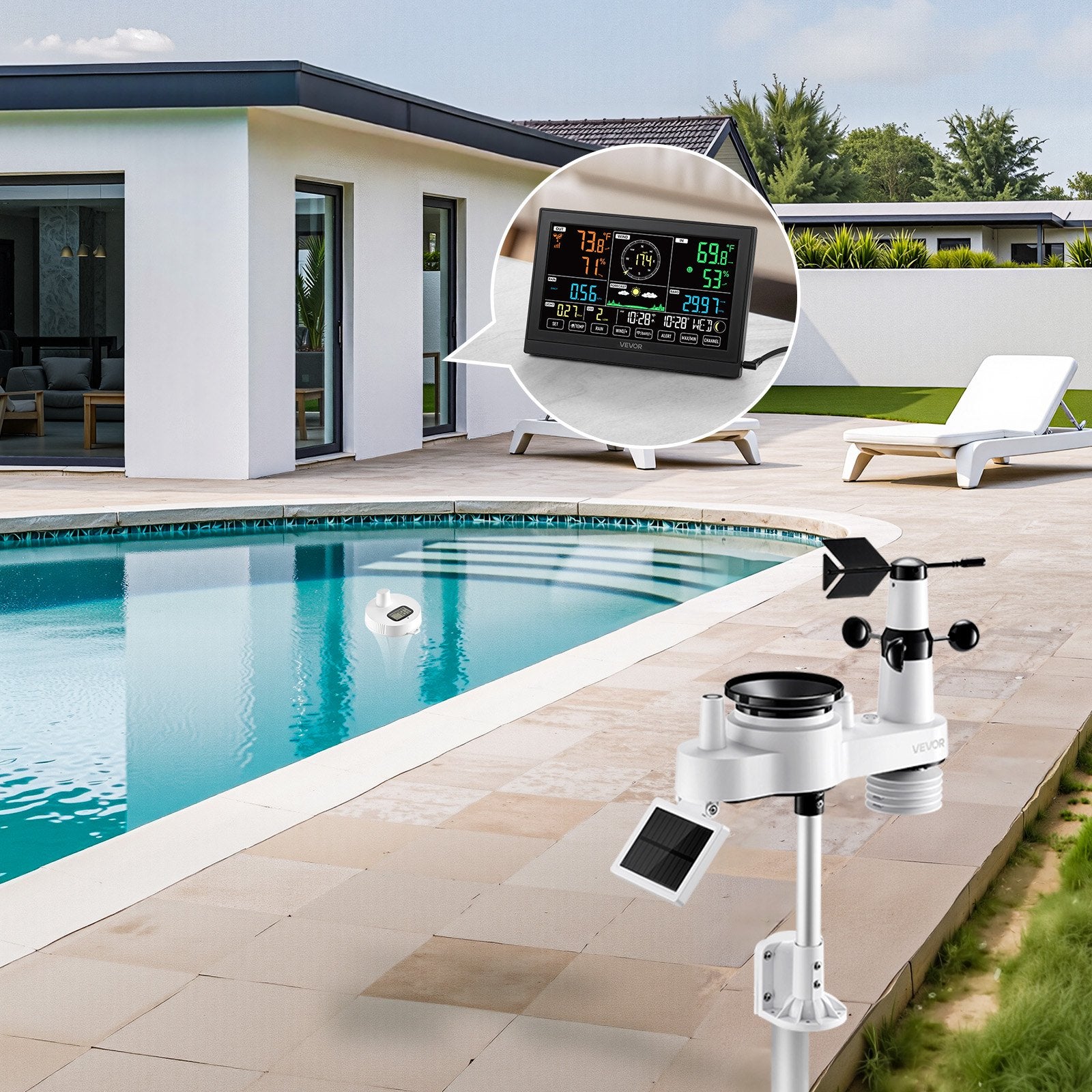 7-in-1 Wi-Fi Weather Station with APP, 190.5 mm Display, Wireless Solar Powered Outdoor Sensor, with Pool Thermometer, Rain Gauge, Indoor Outdoor for Weather Forecast Wind Speed Pool Temperature