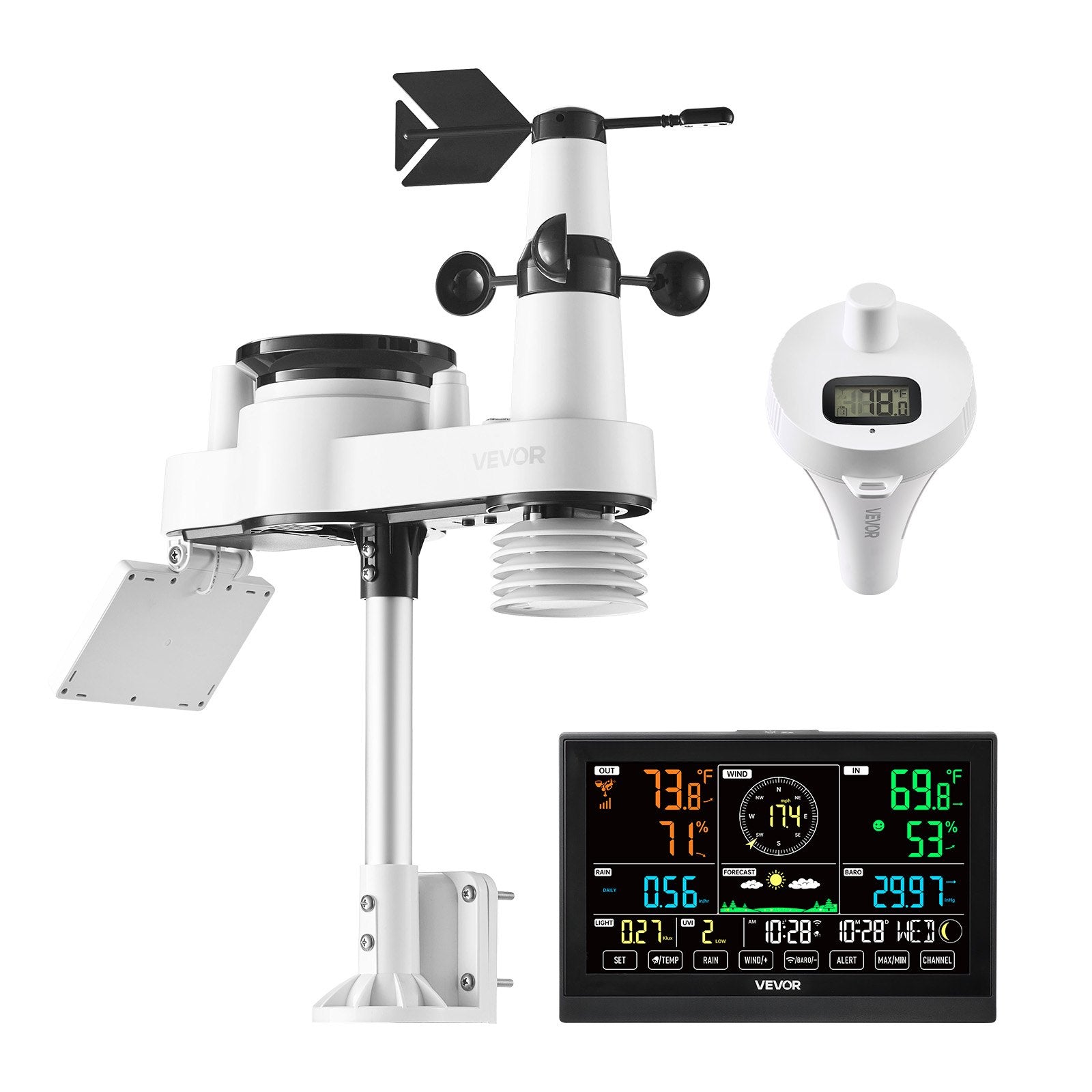 7-in-1 Wi-Fi Weather Station with APP, 190.5 mm Display, Wireless Solar Powered Outdoor Sensor, with Pool Thermometer, Rain Gauge, Indoor Outdoor for Weather Forecast Wind Speed Pool Temperature