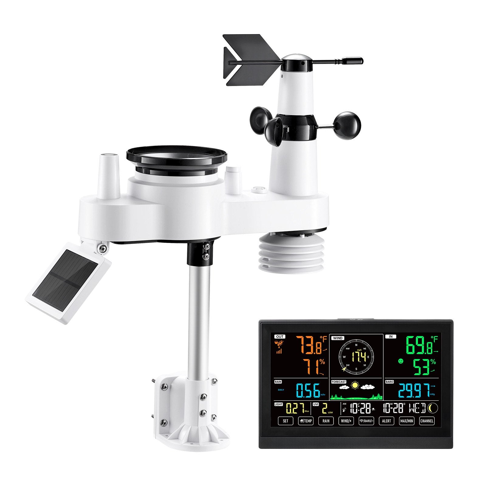 Batteries: VEVOR 7-in-1 Wireless Weather Station, 190.5 mm VA Display, Solar Powered Outdoor Sensor, Rain Gauge, Indoor Outdoor for Weather Forecast, Temperature, Humidity, Wind Speed and Direction (No WiFi)