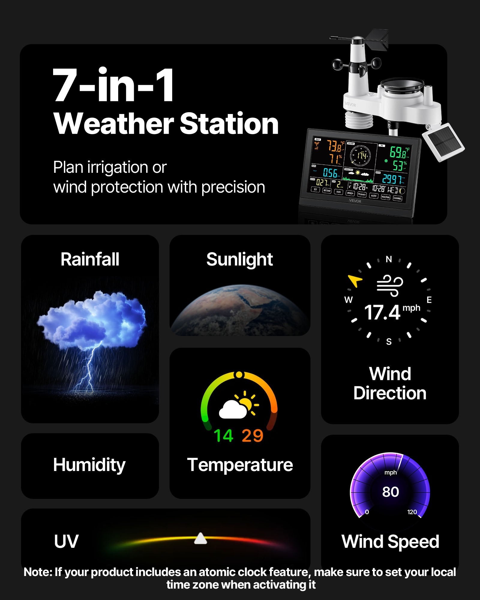 Batteries: VEVOR 7-in-1 Wireless Weather Station, 190.5 mm VA Display, Solar Powered Outdoor Sensor, Rain Gauge, Indoor Outdoor for Weather Forecast, Temperature, Humidity, Wind Speed and Direction (No WiFi)