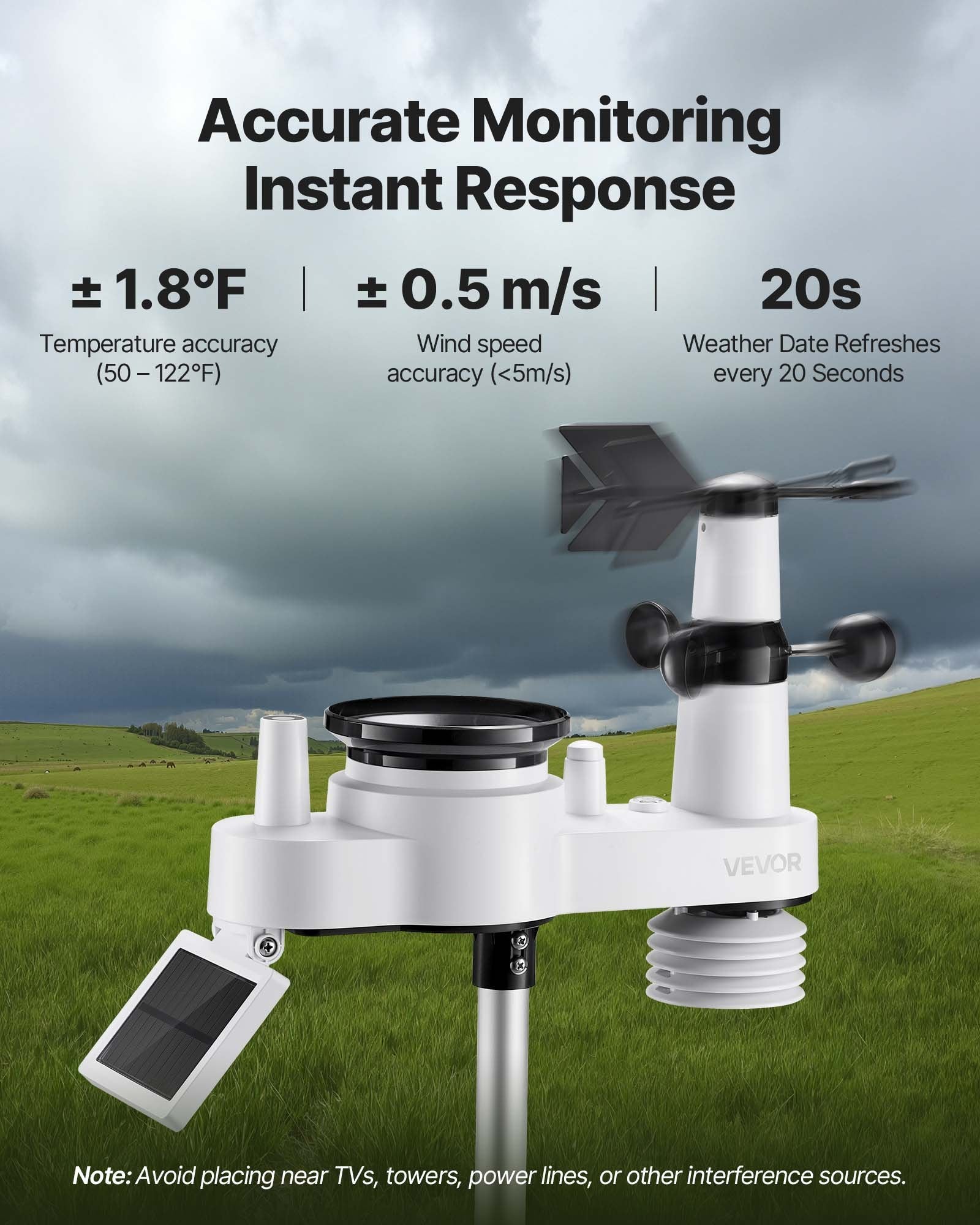 Batteries: VEVOR 7-in-1 Wireless Weather Station, 190.5 mm VA Display, Solar Powered Outdoor Sensor, Rain Gauge, Indoor Outdoor for Weather Forecast, Temperature, Humidity, Wind Speed and Direction (No WiFi)