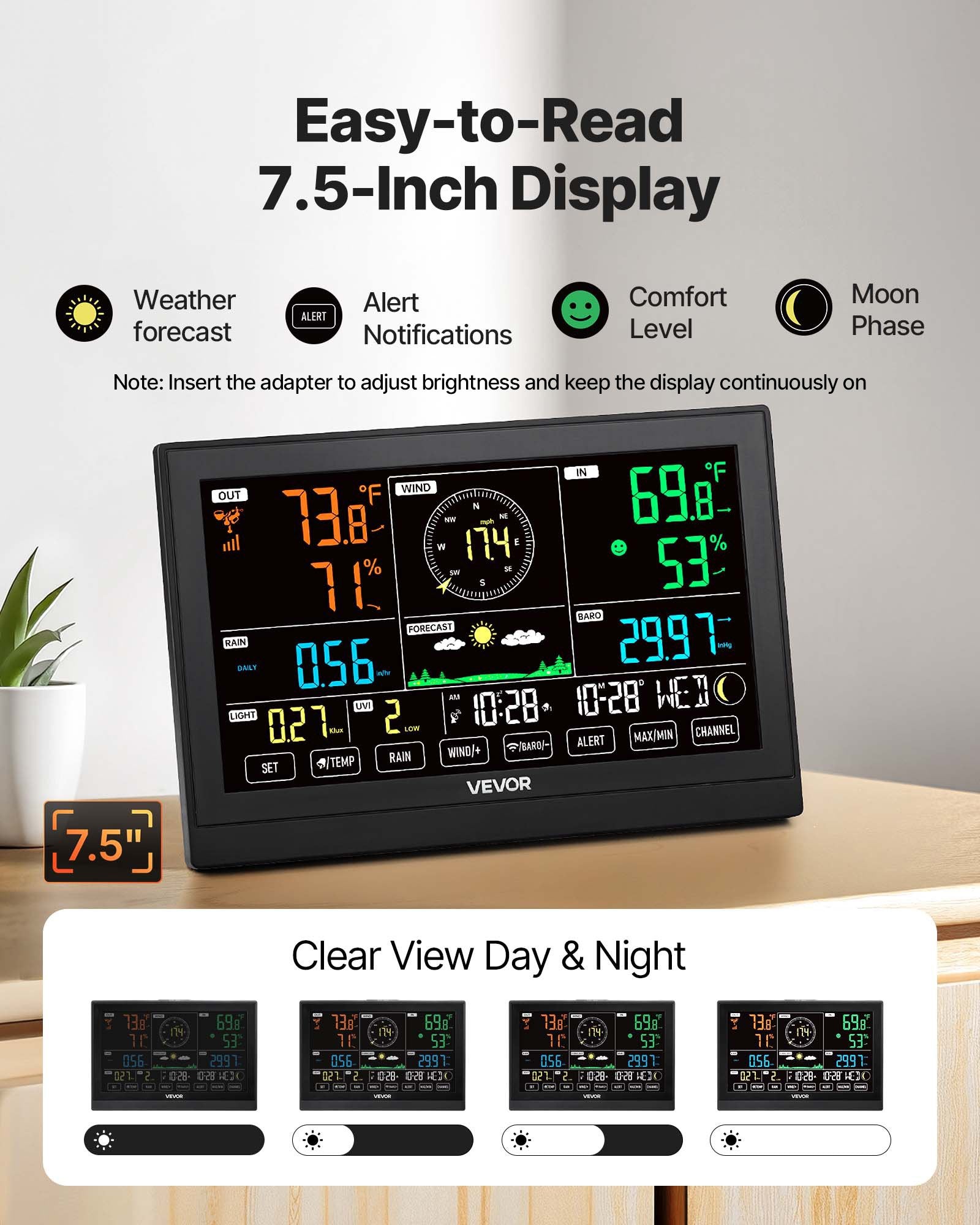 Batteries: VEVOR 7-in-1 Wireless Weather Station, 190.5 mm VA Display, Solar Powered Outdoor Sensor, Rain Gauge, Indoor Outdoor for Weather Forecast, Temperature, Humidity, Wind Speed and Direction (No WiFi)