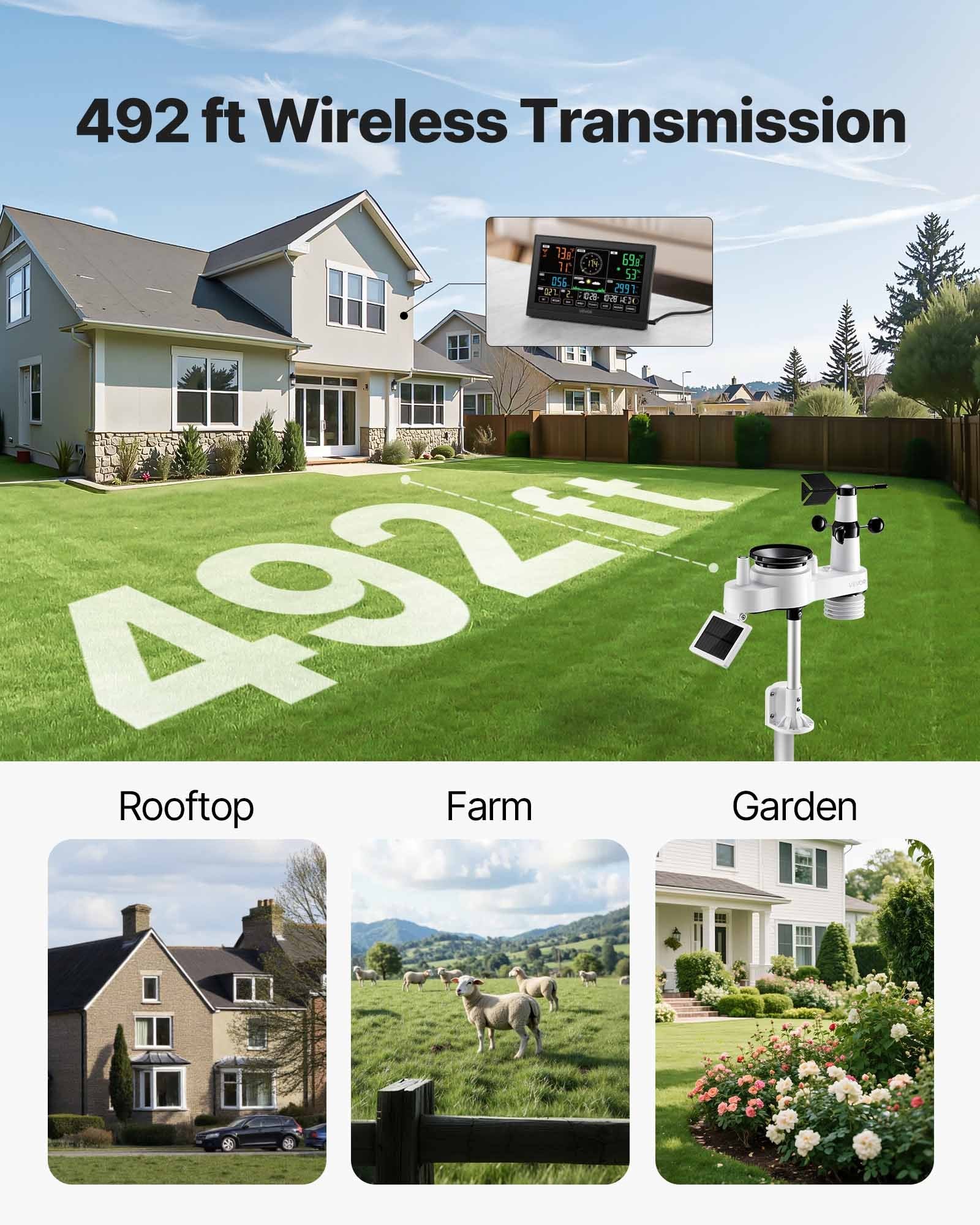 Batteries: VEVOR 7-in-1 Wireless Weather Station, 190.5 mm VA Display, Solar Powered Outdoor Sensor, Rain Gauge, Indoor Outdoor for Weather Forecast, Temperature, Humidity, Wind Speed and Direction (No WiFi)