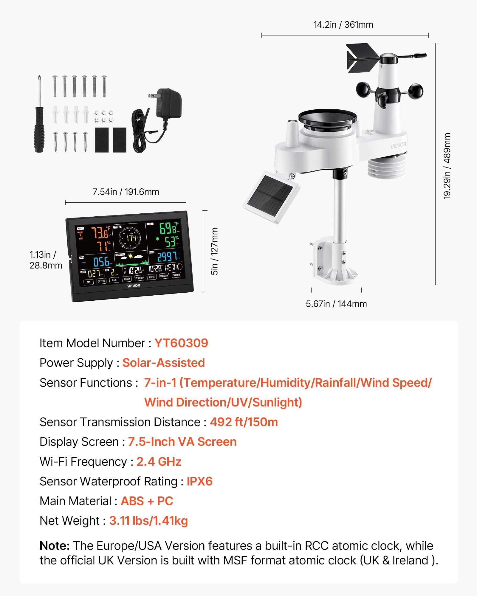 Batteries: VEVOR 7-in-1 Wireless Weather Station, 190.5 mm VA Display, Solar Powered Outdoor Sensor, Rain Gauge, Indoor Outdoor for Weather Forecast, Temperature, Humidity, Wind Speed and Direction (No WiFi)
