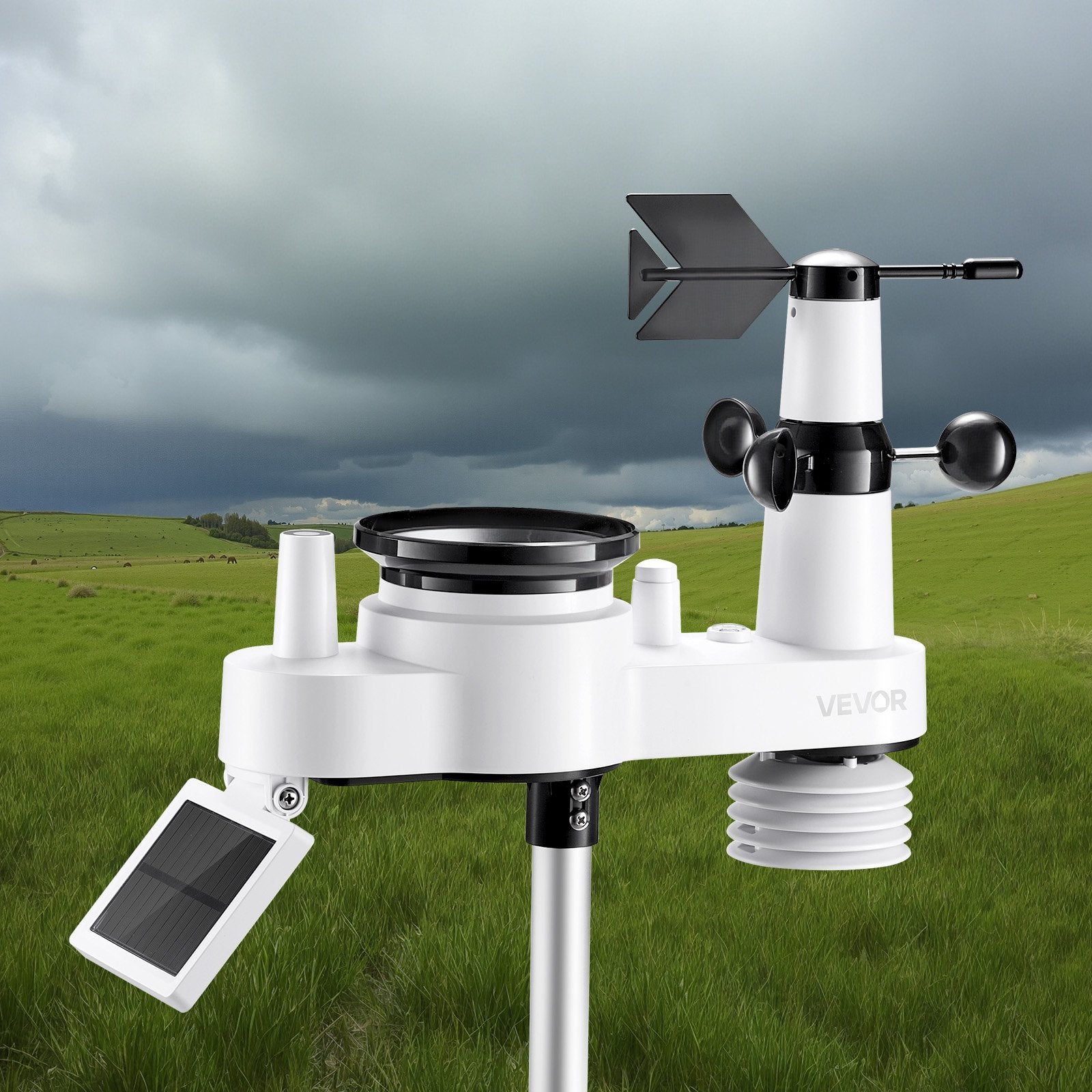 Batteries: VEVOR 7-in-1 Wireless Weather Station, 190.5 mm VA Display, Solar Powered Outdoor Sensor, Rain Gauge, Indoor Outdoor for Weather Forecast, Temperature, Humidity, Wind Speed and Direction (No WiFi)
