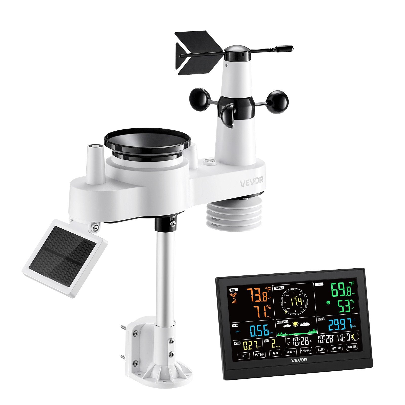 Batteries: VEVOR 7-in-1 Wireless Weather Station, 190.5 mm VA Display, Solar Powered Outdoor Sensor, Rain Gauge, Indoor Outdoor for Weather Forecast, Temperature, Humidity, Wind Speed and Direction (No WiFi)