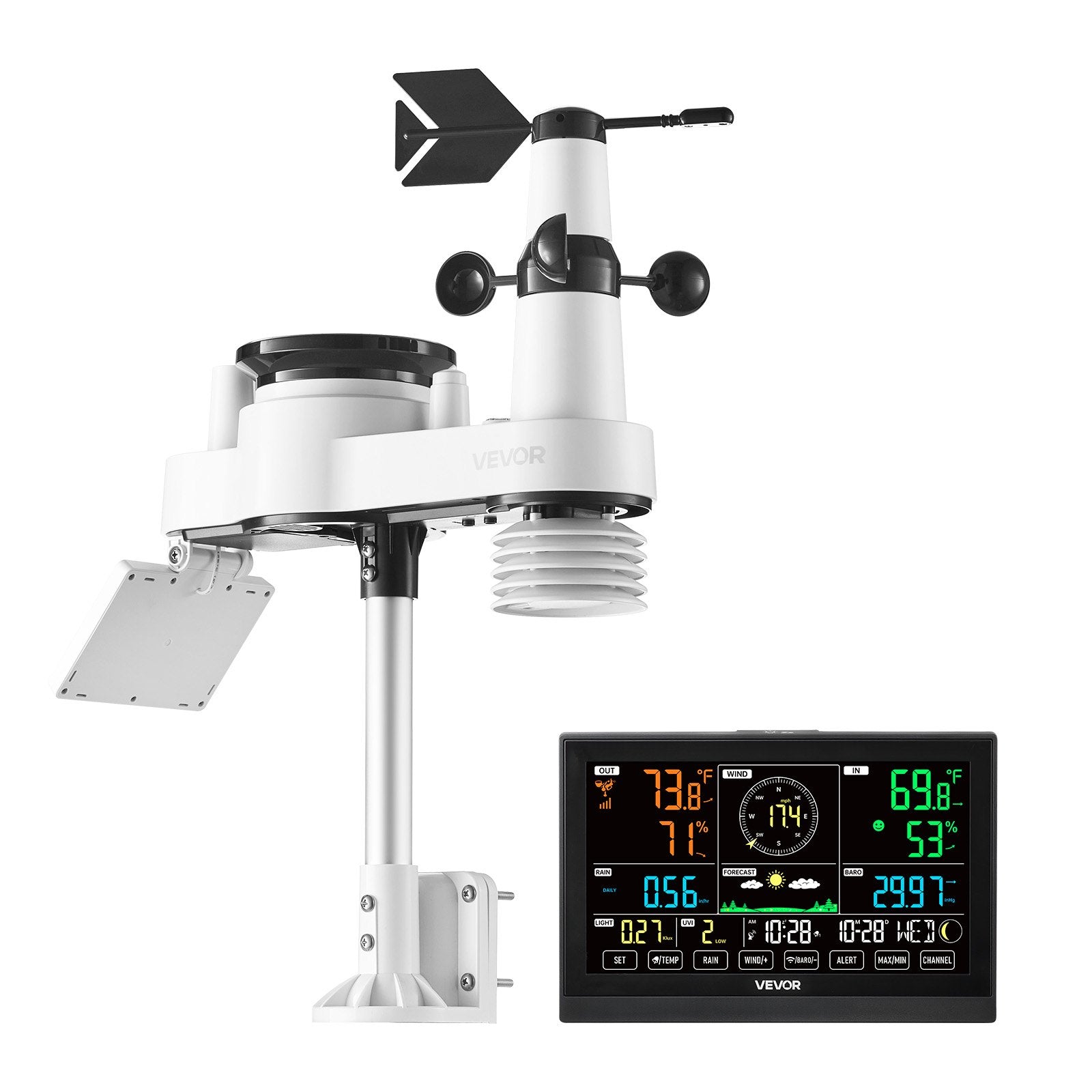 Batteries: VEVOR 7-in-1 Wireless Weather Station, 190.5 mm VA Display, Solar Powered Outdoor Sensor, Rain Gauge, Indoor Outdoor for Weather Forecast, Temperature, Humidity, Wind Speed and Direction (No WiFi)