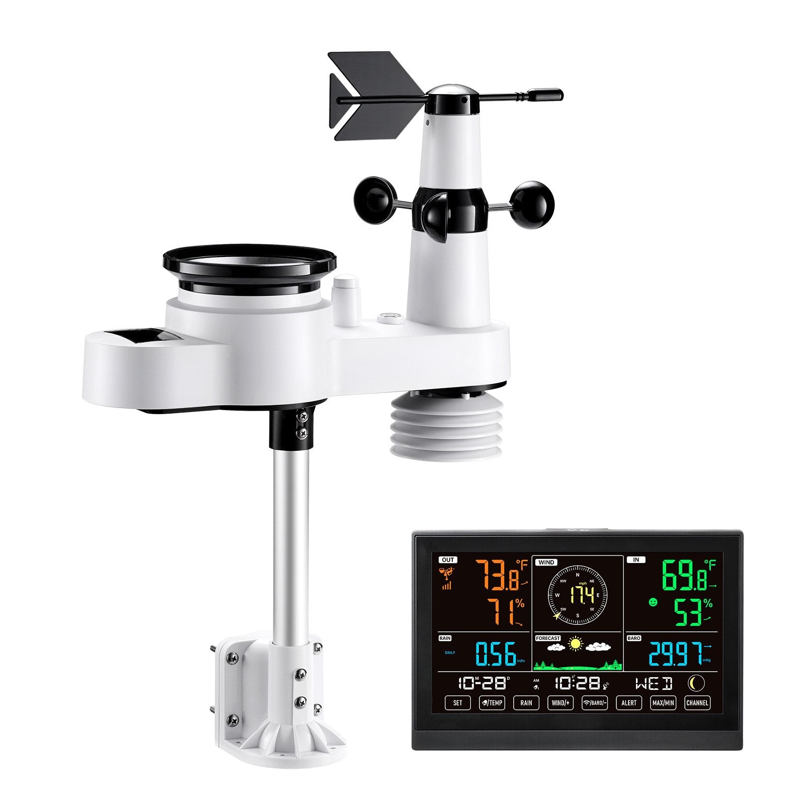 Batteries: VEVOR 5-in-1 Wireless Weather Station, 190.5 mm VA Display, Solar Powered Outdoor Sensor, Rain Gauge, Indoor Outdoor for Weather Forecast, Temperature, Humidity, Wind Speed and Direction (No WiFi)