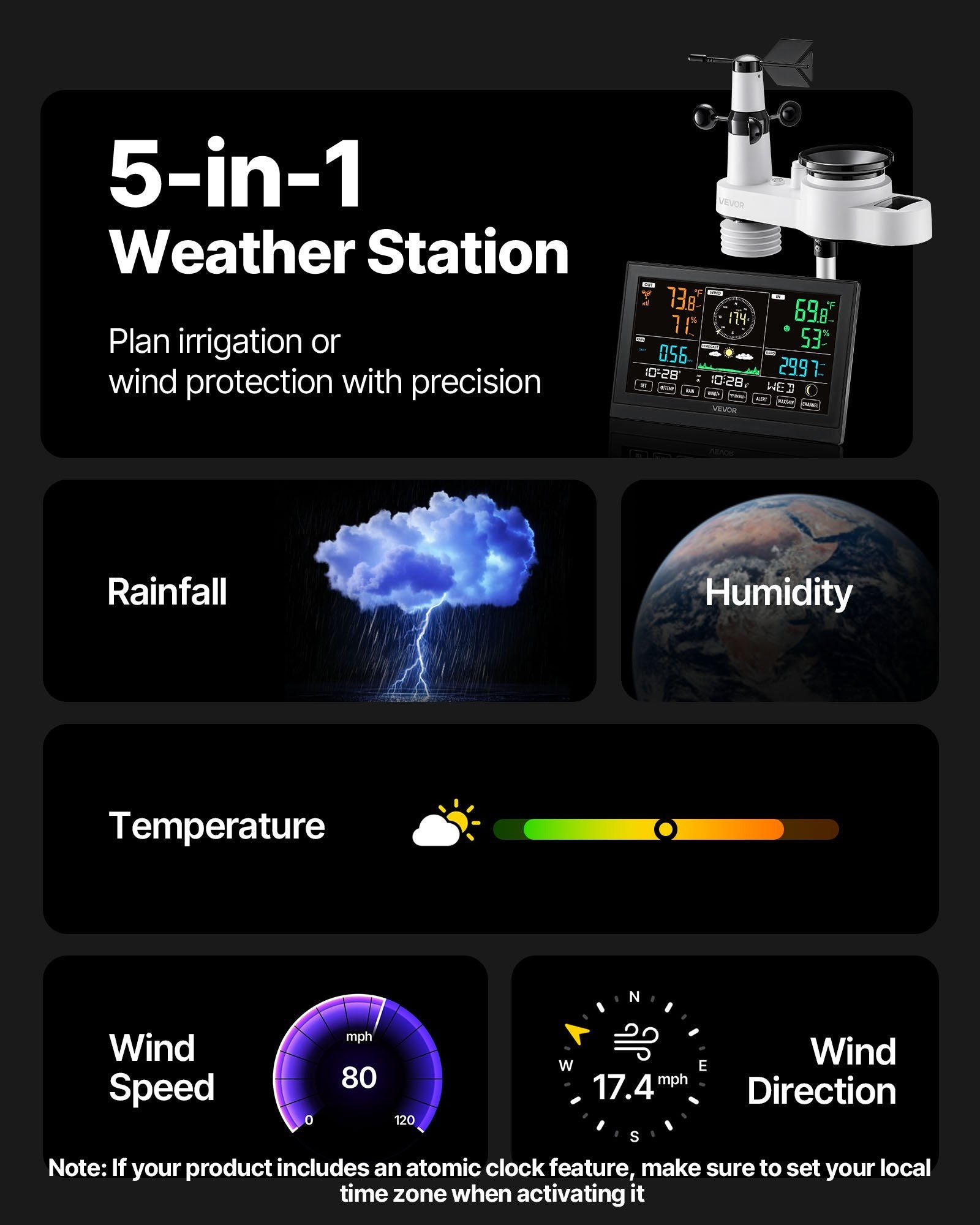 Batteries: VEVOR 5-in-1 Wireless Weather Station, 190.5 mm VA Display, Solar Powered Outdoor Sensor, Rain Gauge, Indoor Outdoor for Weather Forecast, Temperature, Humidity, Wind Speed and Direction (No WiFi)