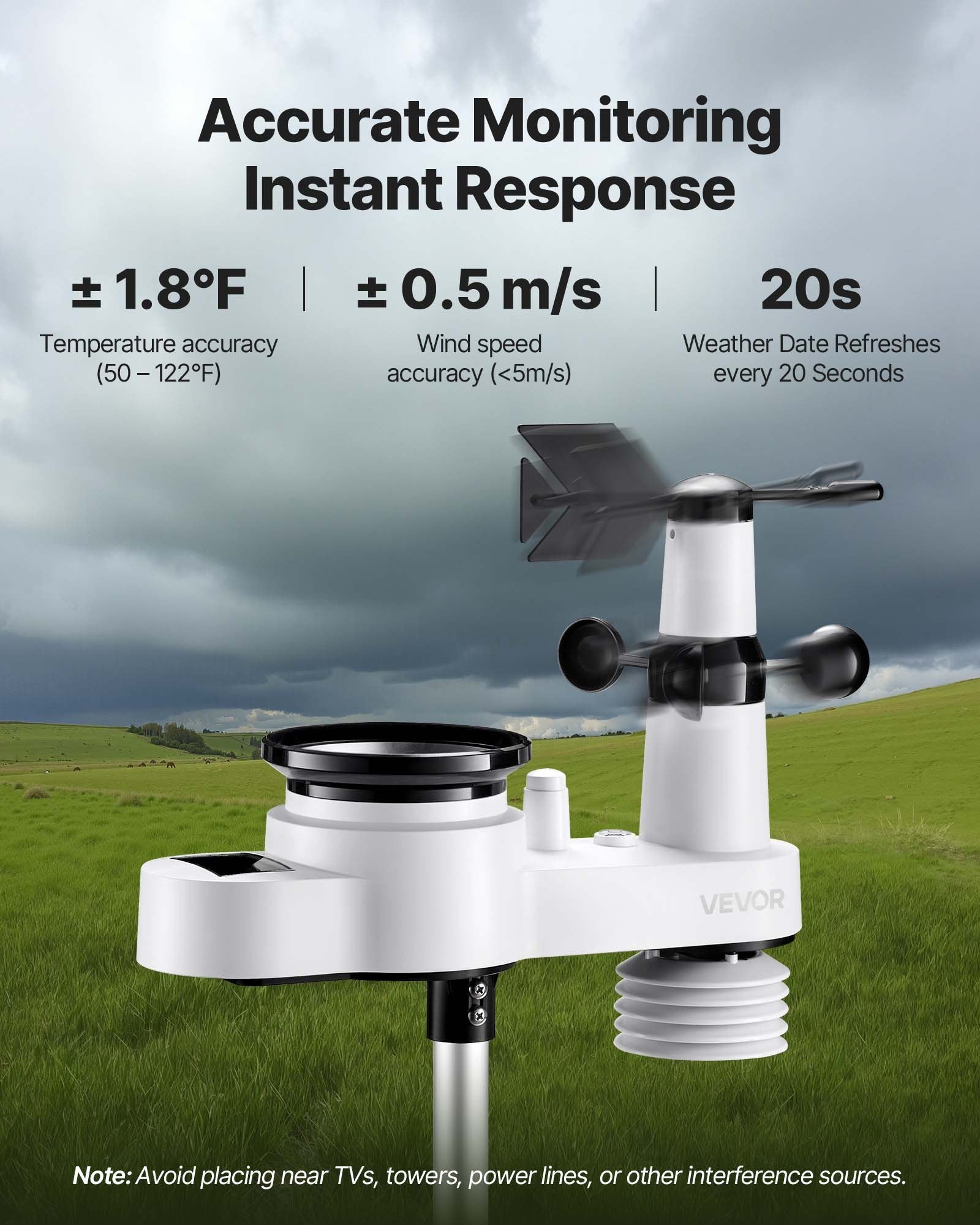 Batteries: VEVOR 5-in-1 Wireless Weather Station, 190.5 mm VA Display, Solar Powered Outdoor Sensor, Rain Gauge, Indoor Outdoor for Weather Forecast, Temperature, Humidity, Wind Speed and Direction (No WiFi)