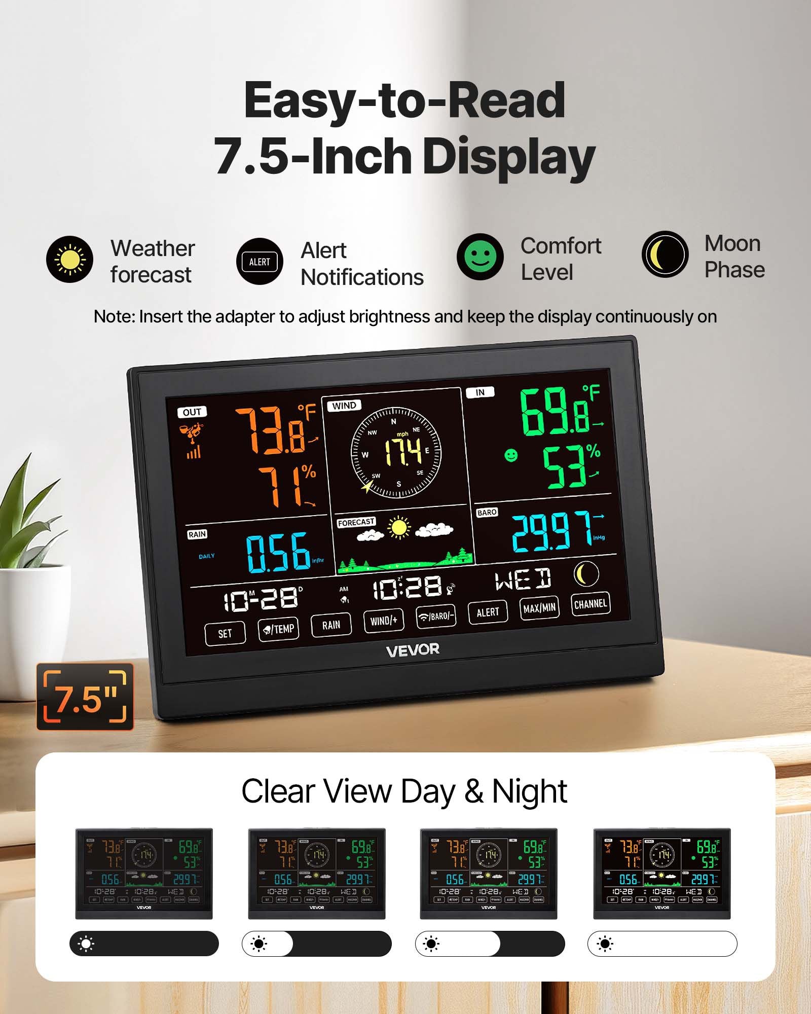 Batteries: VEVOR 5-in-1 Wireless Weather Station, 190.5 mm VA Display, Solar Powered Outdoor Sensor, Rain Gauge, Indoor Outdoor for Weather Forecast, Temperature, Humidity, Wind Speed and Direction (No WiFi)