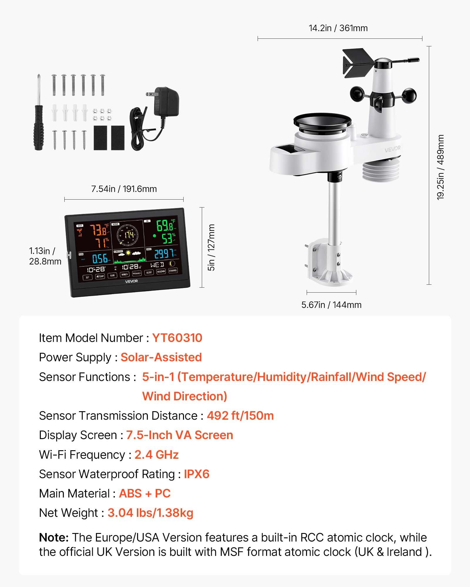 Batteries: VEVOR 5-in-1 Wireless Weather Station, 190.5 mm VA Display, Solar Powered Outdoor Sensor, Rain Gauge, Indoor Outdoor for Weather Forecast, Temperature, Humidity, Wind Speed and Direction (No WiFi)
