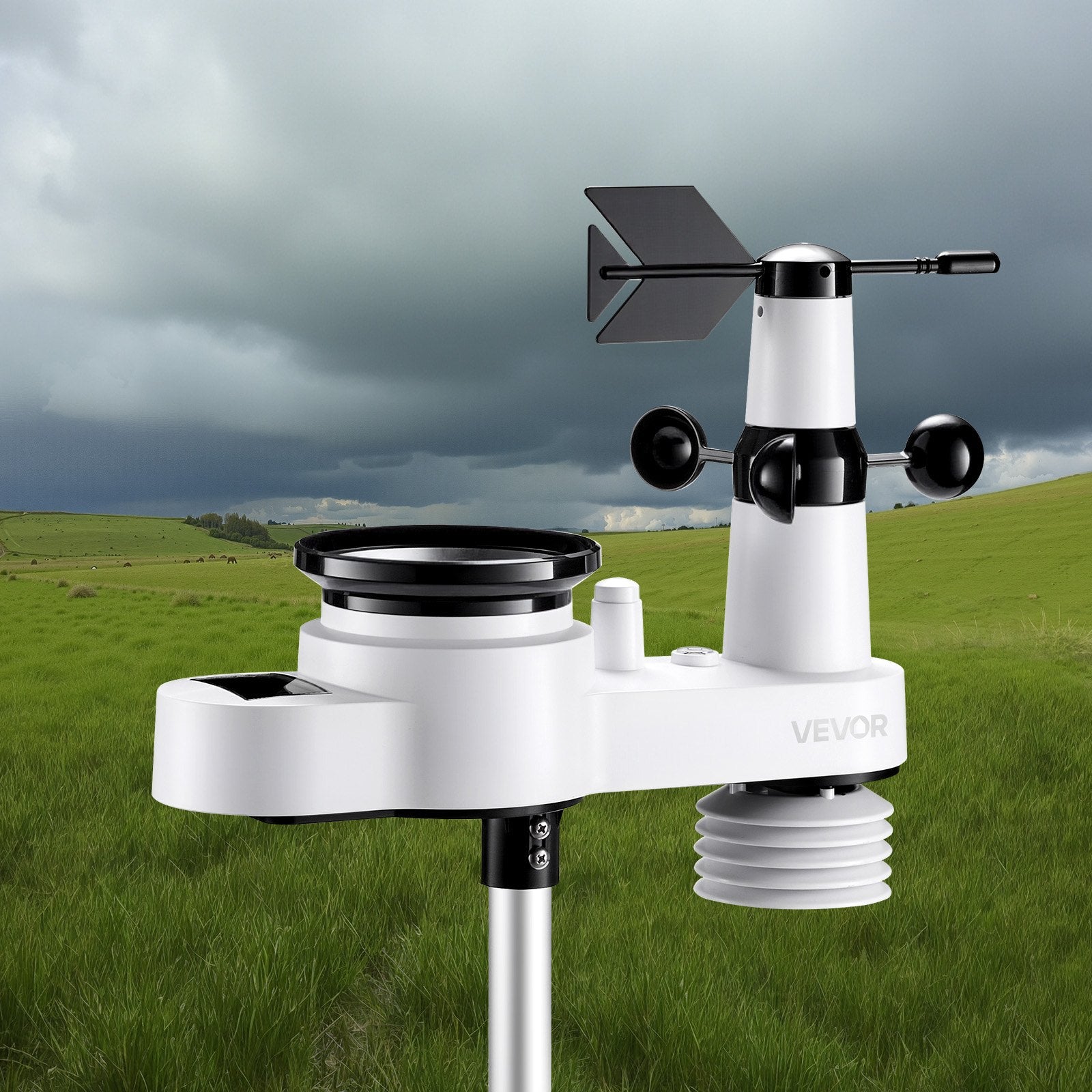 Batteries: VEVOR 5-in-1 Wireless Weather Station, 190.5 mm VA Display, Solar Powered Outdoor Sensor, Rain Gauge, Indoor Outdoor for Weather Forecast, Temperature, Humidity, Wind Speed and Direction (No WiFi)