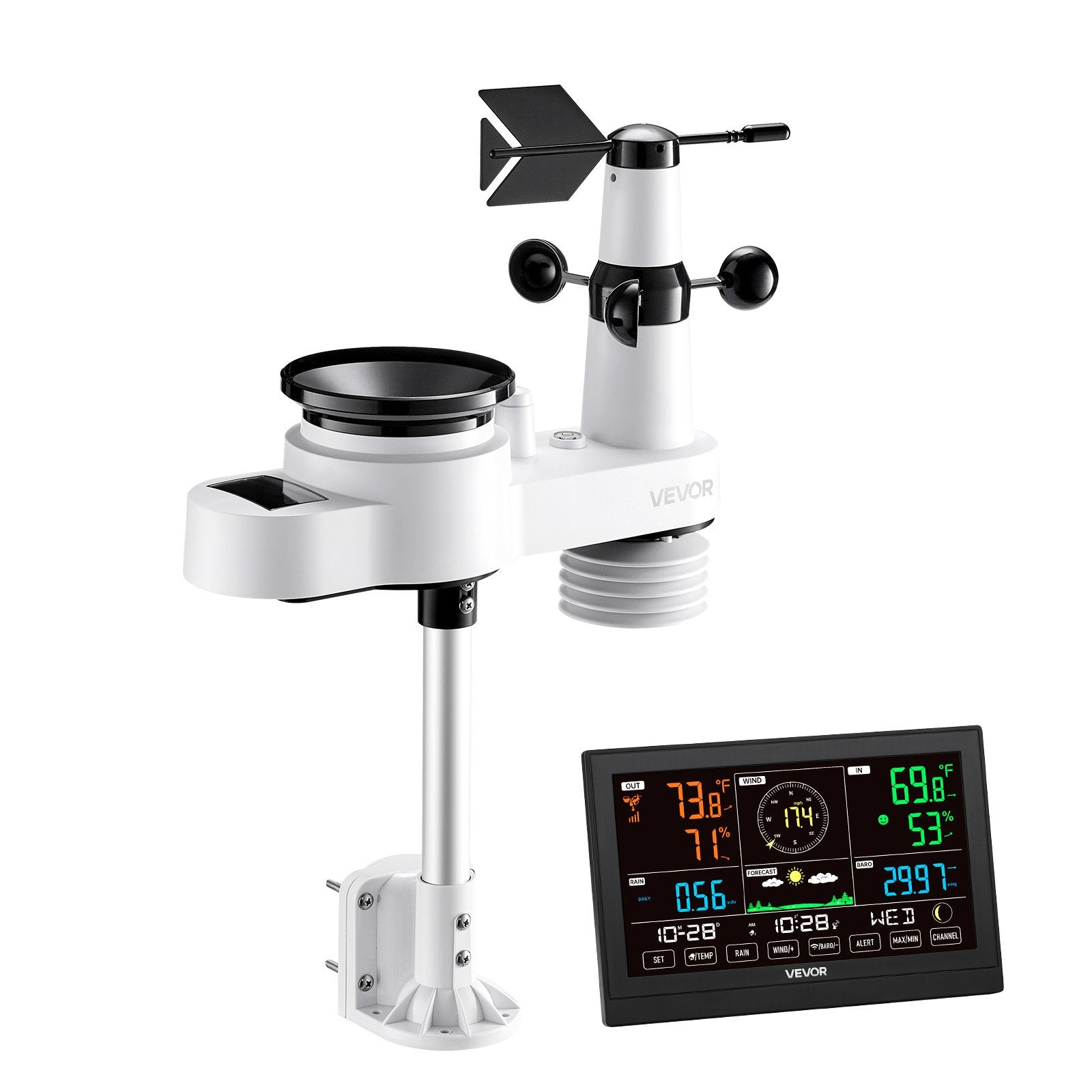 Batteries: VEVOR 5-in-1 Wireless Weather Station, 190.5 mm VA Display, Solar Powered Outdoor Sensor, Rain Gauge, Indoor Outdoor for Weather Forecast, Temperature, Humidity, Wind Speed and Direction (No WiFi)