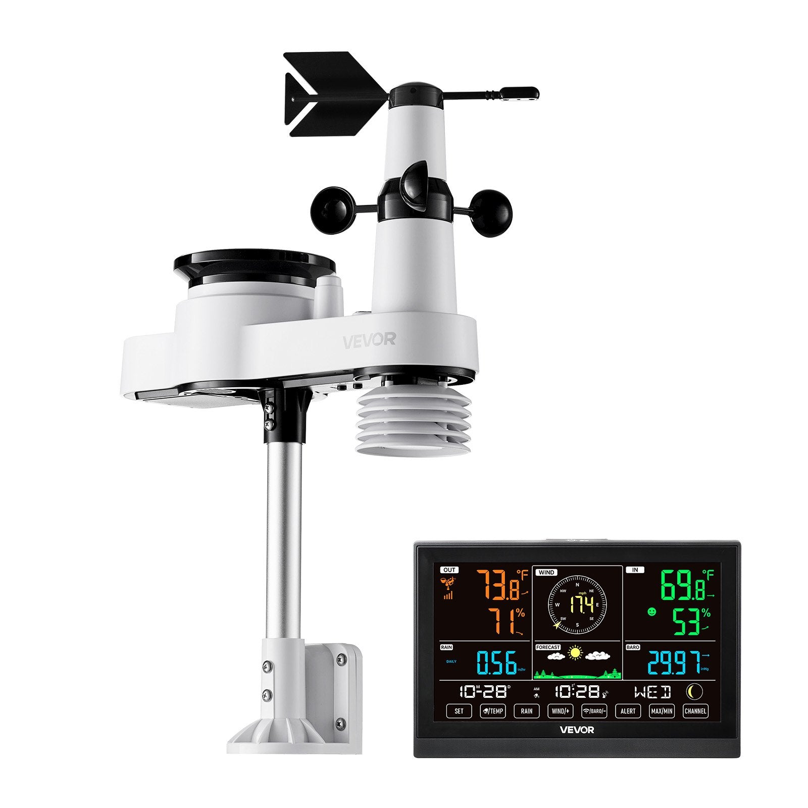 Batteries: VEVOR 5-in-1 Wireless Weather Station, 190.5 mm VA Display, Solar Powered Outdoor Sensor, Rain Gauge, Indoor Outdoor for Weather Forecast, Temperature, Humidity, Wind Speed and Direction (No WiFi)