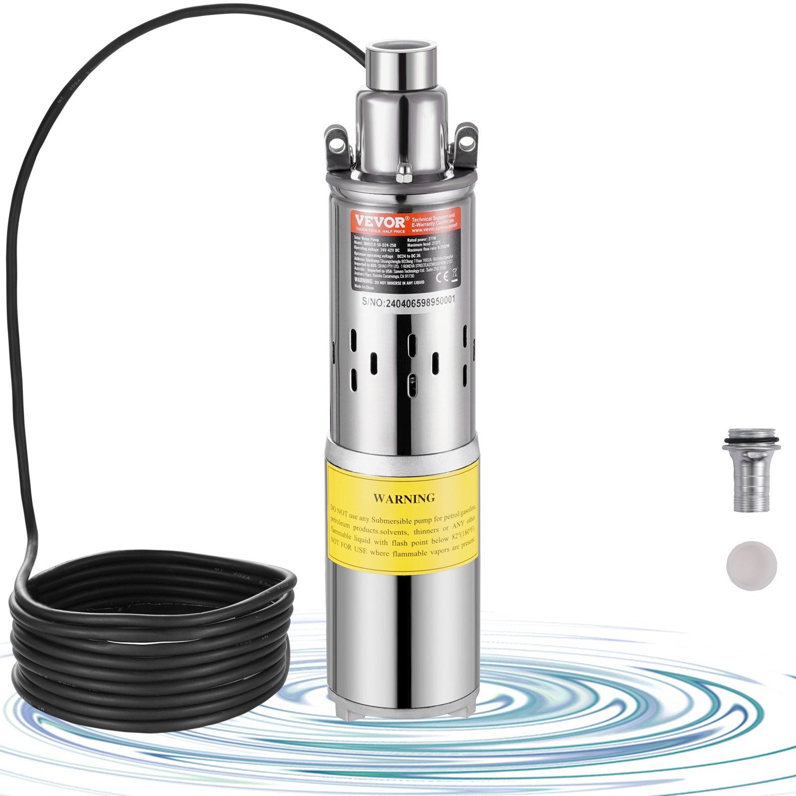 Fountain & Ponds Accessories: VEVOR Solar Water Pump, DC 277W Submersible Deep Well Pump, Max Flow 2.1 m³/H, Max Head 83 m, Max Submersion Depth 20 m, Solar Powered Water Pump for Well, Farm Ranch Irrigation, Livestock Drinking