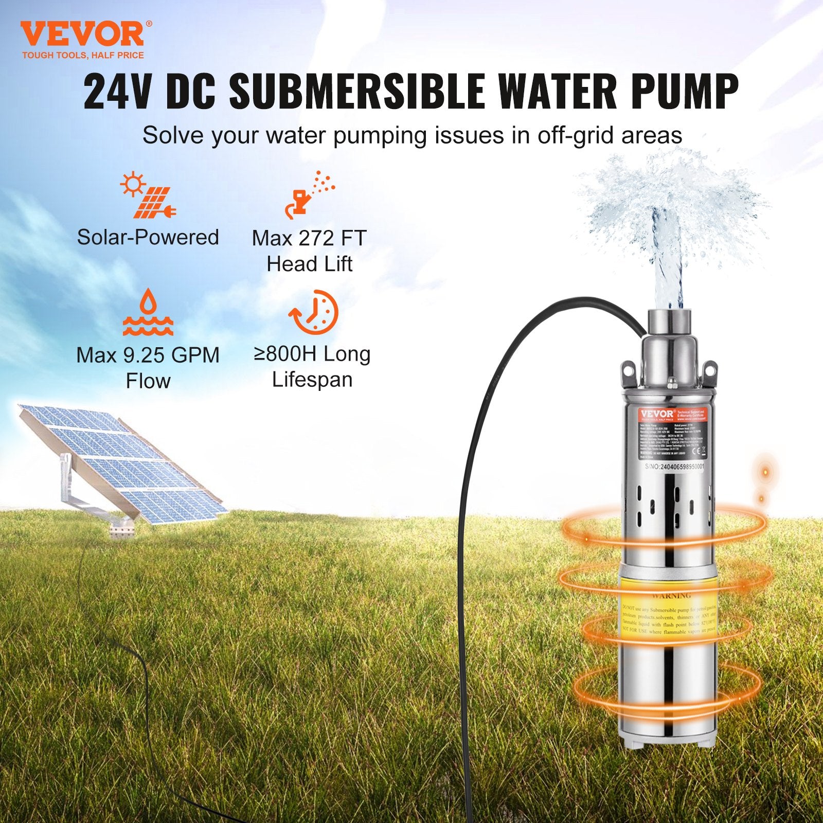 Fountain & Ponds Accessories: VEVOR Solar Water Pump, DC 277W Submersible Deep Well Pump, Max Flow 2.1 m³/H, Max Head 83 m, Max Submersion Depth 20 m, Solar Powered Water Pump for Well, Farm Ranch Irrigation, Livestock Drinking