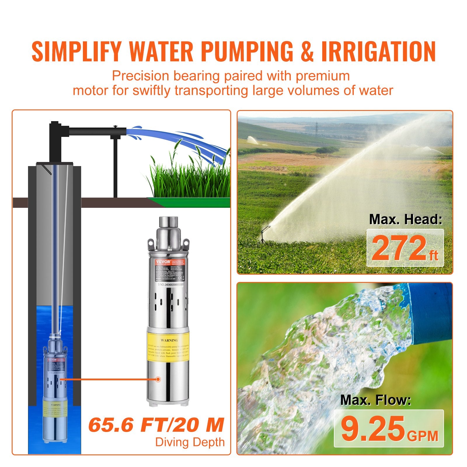 Fountain & Ponds Accessories: VEVOR Solar Water Pump, DC 277W Submersible Deep Well Pump, Max Flow 2.1 m³/H, Max Head 83 m, Max Submersion Depth 20 m, Solar Powered Water Pump for Well, Farm Ranch Irrigation, Livestock Drinking