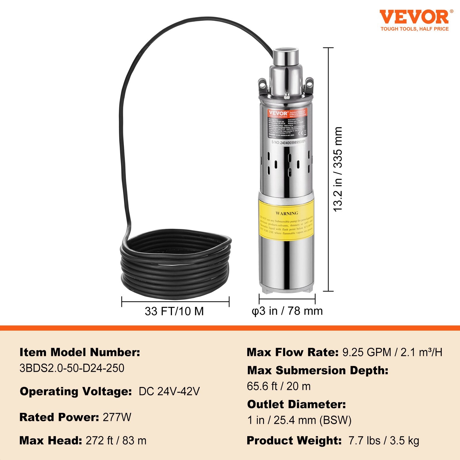 Fountain & Ponds Accessories: VEVOR Solar Water Pump, DC 277W Submersible Deep Well Pump, Max Flow 2.1 m³/H, Max Head 83 m, Max Submersion Depth 20 m, Solar Powered Water Pump for Well, Farm Ranch Irrigation, Livestock Drinking