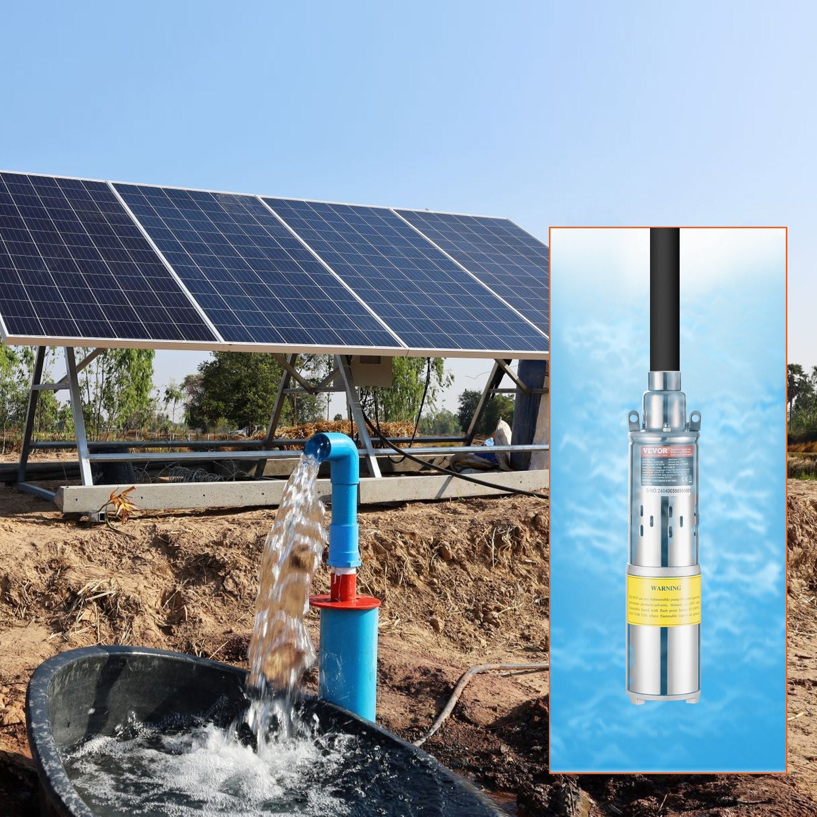 Fountain & Ponds Accessories: VEVOR Solar Water Pump, DC 277W Submersible Deep Well Pump, Max Flow 2.1 m³/H, Max Head 83 m, Max Submersion Depth 20 m, Solar Powered Water Pump for Well, Farm Ranch Irrigation, Livestock Drinking