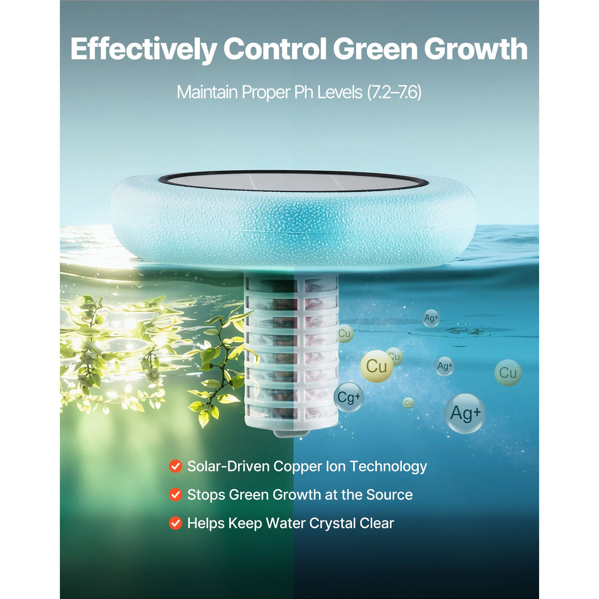 Solar Pool Ionizer, Hexagon Copper Pool Ionizer Up to 170343 L, Floating Automatic Water Cleaner and Purifier, Chlorine Free Water, with Copper Anode, Spring, Brush and Filter for Pools & Spas