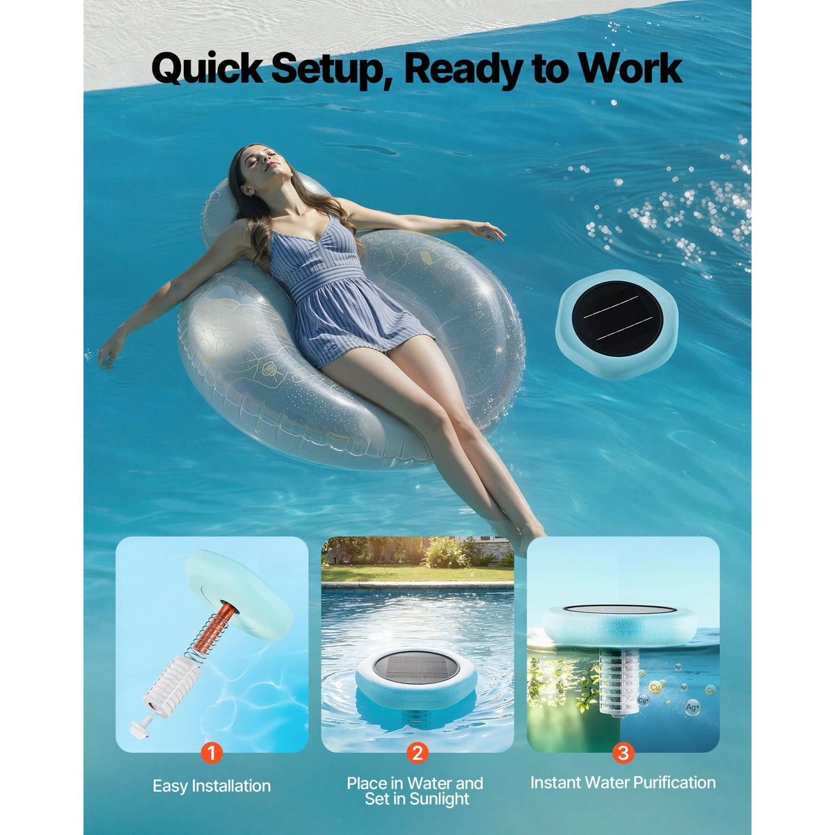 Solar Pool Ionizer, Hexagon Copper Pool Ionizer Up to 170343 L, Floating Automatic Water Cleaner and Purifier, Chlorine Free Water, with Copper Anode, Spring, Brush and Filter for Pools & Spas