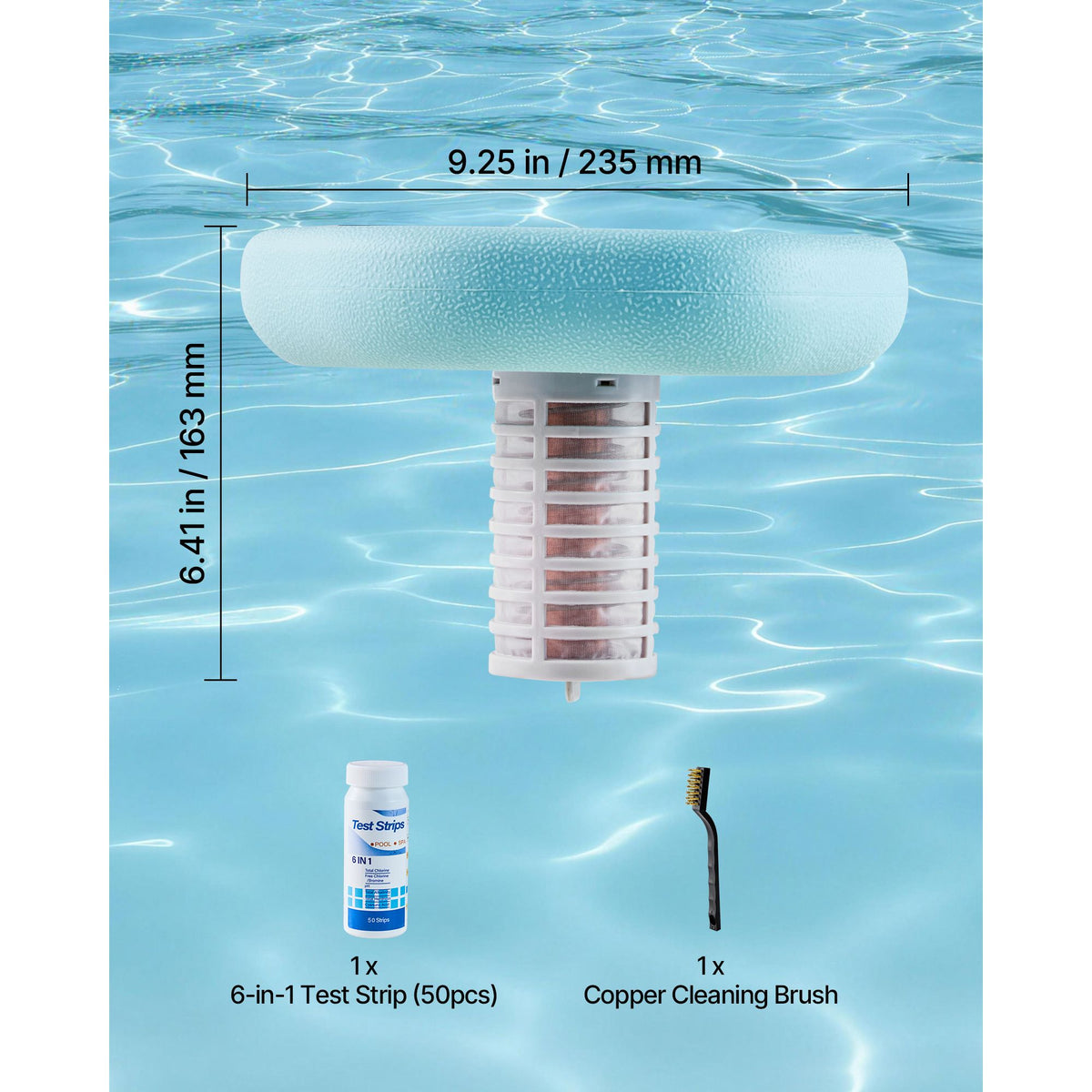 Solar Pool Ionizer, Hexagon Copper Pool Ionizer Up to 170343 L, Floating Automatic Water Cleaner and Purifier, Chlorine Free Water, with Copper Anode, Spring, Brush and Filter for Pools & Spas