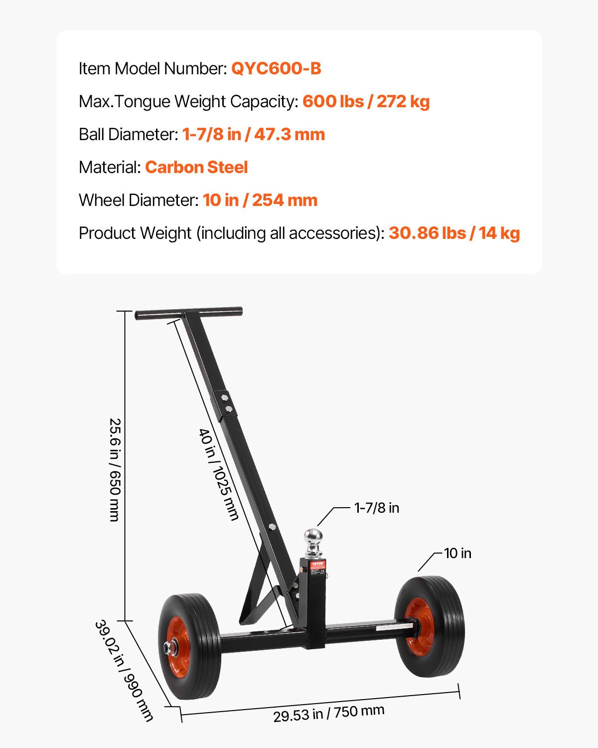 Trailer Dolly, 1000lbs Tongue Weight Capacity, Carbon Steel Trailer Mover with 2 inch Ball, 14 inch Pneumatic Tires, Portable Tow Dolly for Moving RV Trailer