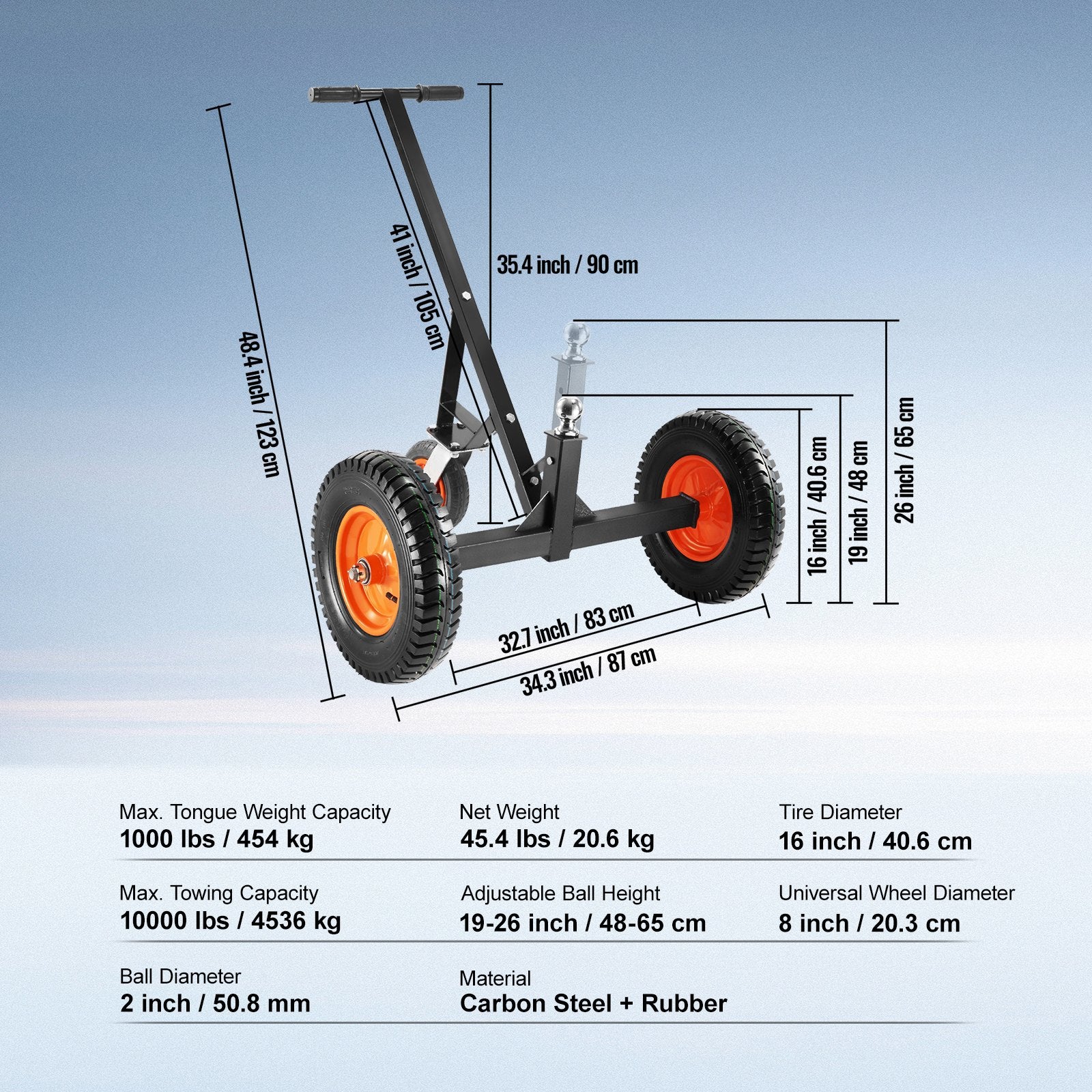 Mobility & Accessibility: VEVOR Adjustable Trailer Dolly, 1000lbs Tongue Weight Capacity, Carbon Steel Trailer Mover with 19''-26'' Adjustable Height & 2'' Ball, 16'' Pneumatic Tires & Universal Wheel, for Moving RV Trailer