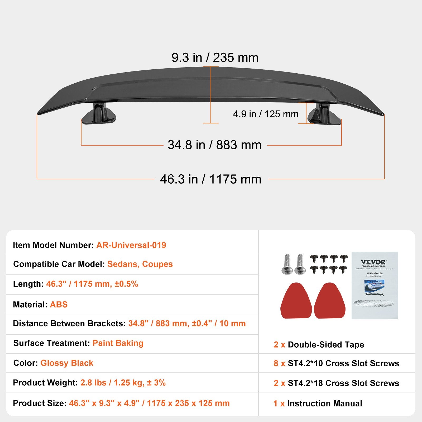 Automotive Repair & Speciality Tools: VEVOR Universal Rear Spoiler 46.3'' GT Style Trunk Wing for Sedans and Coupes
