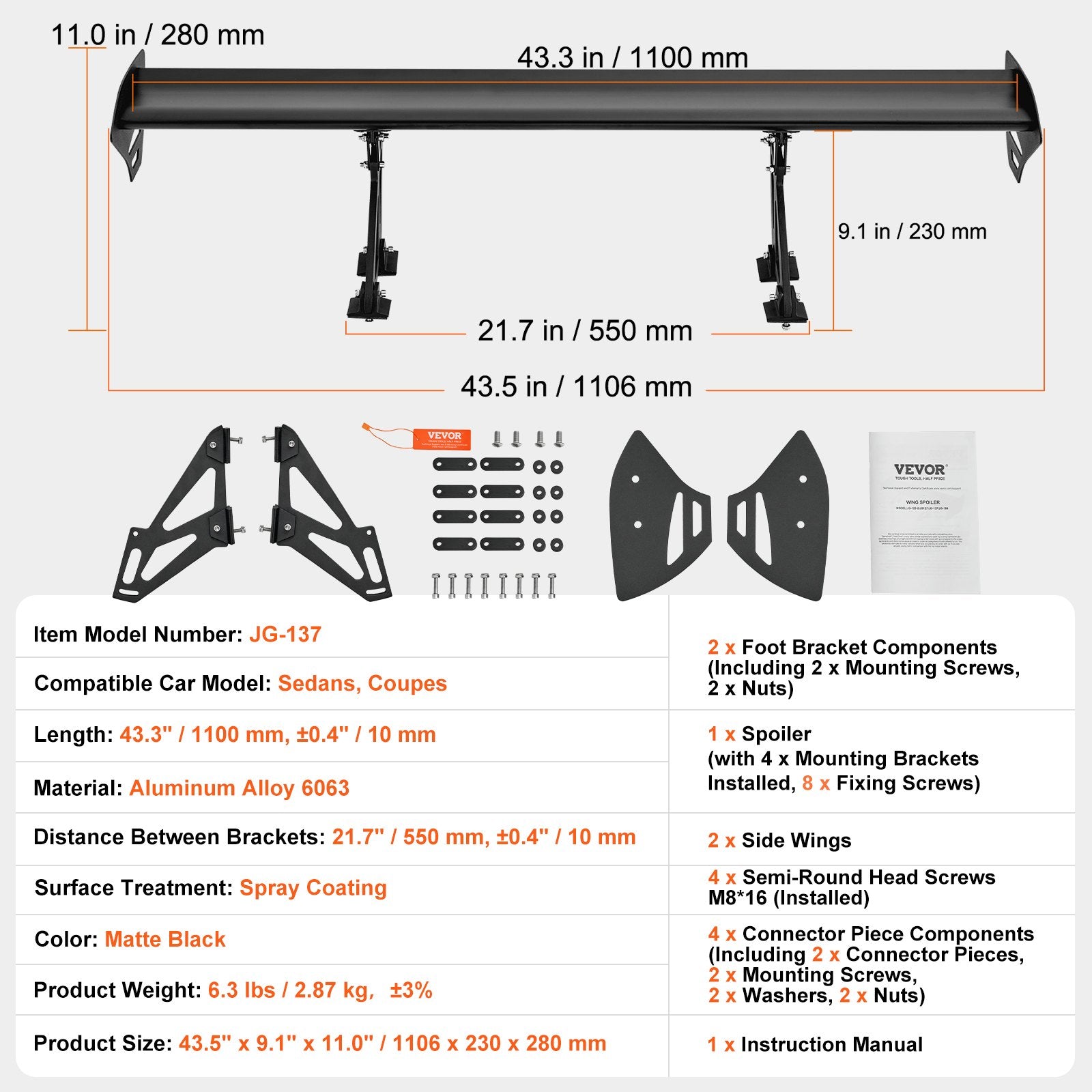 Automotive Parts: VEVOR Universal Rear Spoiler GT Style Adjustable Trunk Wing Car Racing 43.3''