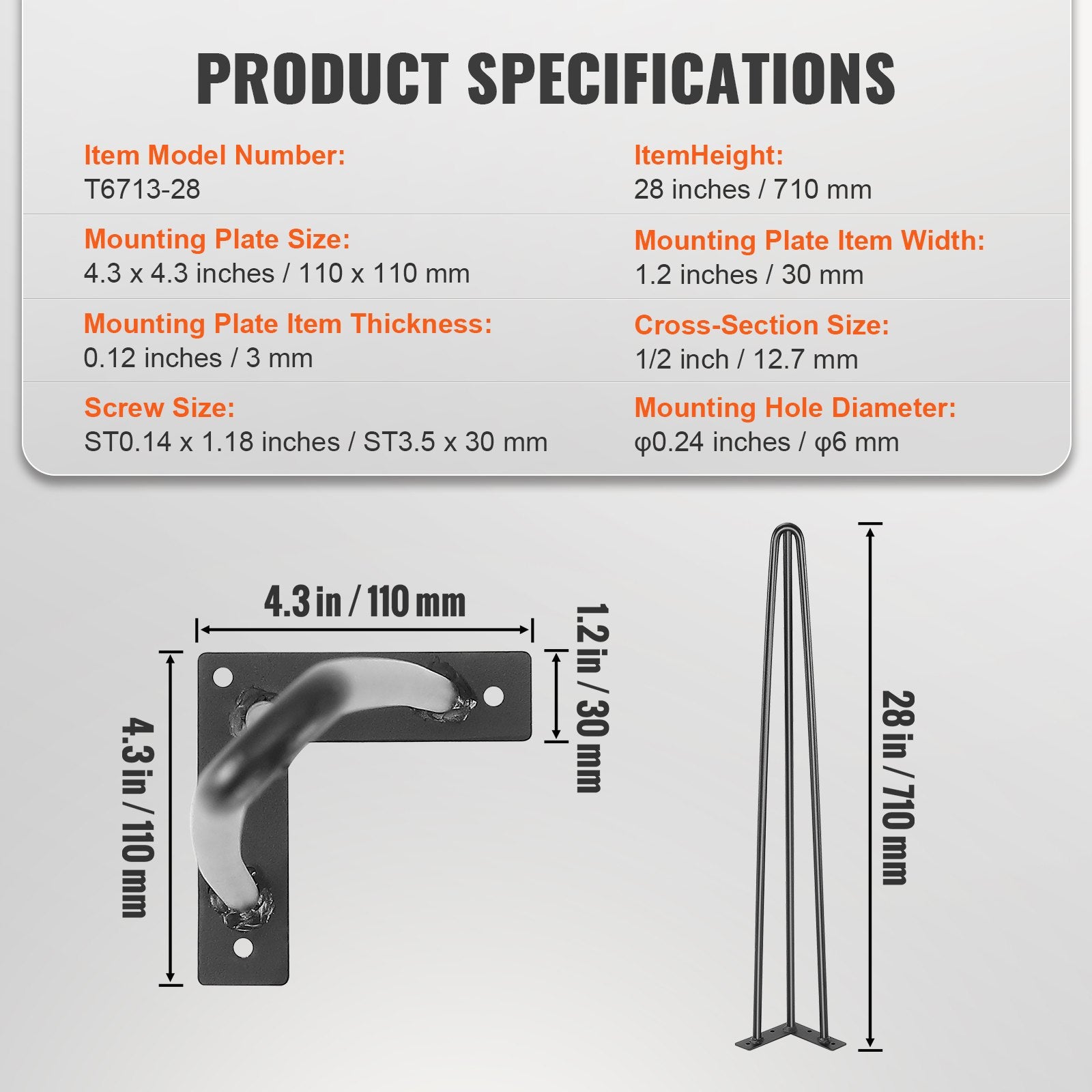 Table Tops & Bases: VEVOR Hairpin Table Legs 0.7M, Set of 4 Desk Legs 408.2KG Load Capacity, Hairpin Desk Legs 3 Rods for Desk Chairs Bench Dining End Table, Solid Carbon Steel Heavy Duty Furniture Legs Black