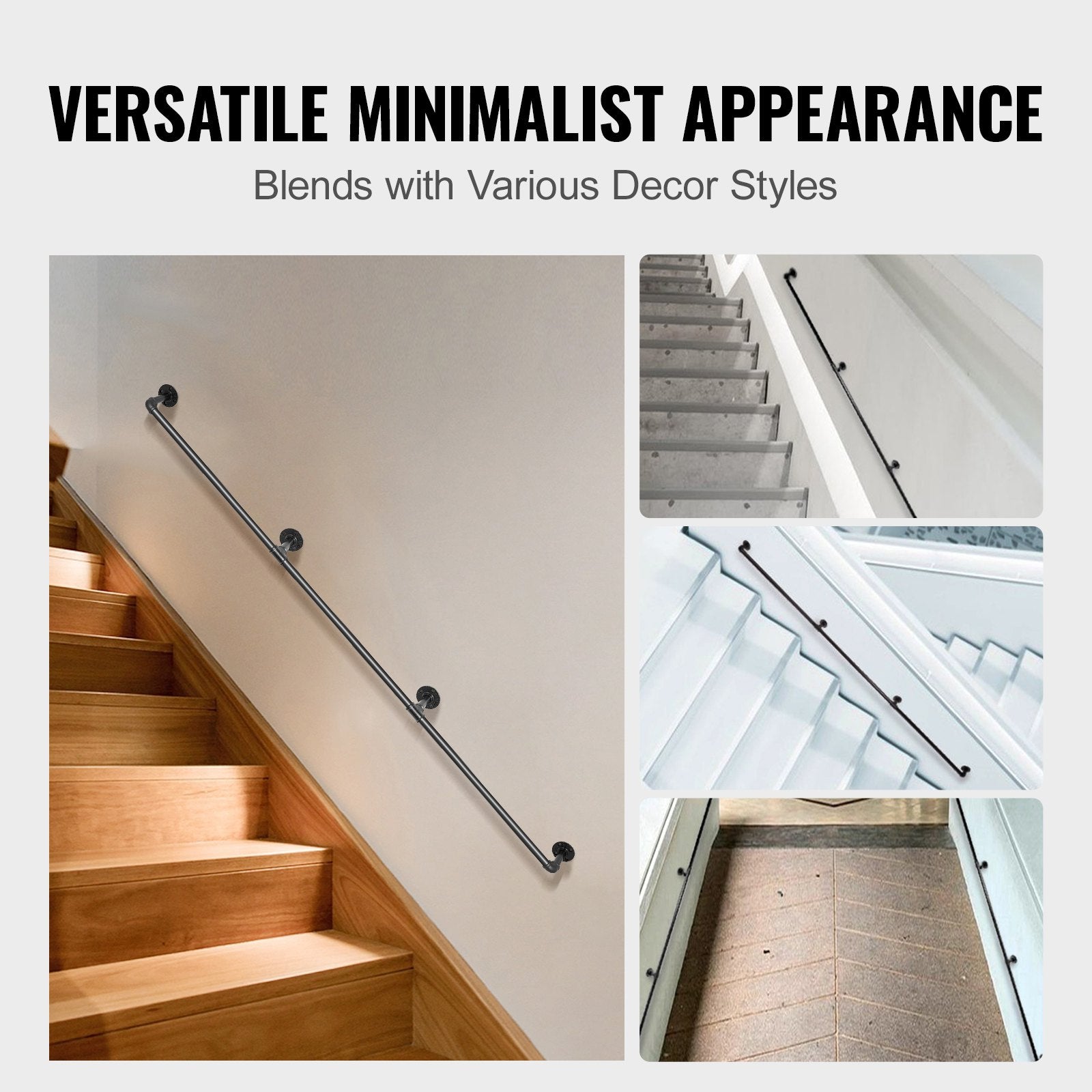 Dog Steps & Ramps: VEVOR Pipe Stair Handrail, 3m Staircase Handrail, 200KG Load Capacity Carbon Steel Pipe Handrail, Industrial Pipe Handrail with Wall Mount Support, Round Corner Wall Handrailing for Indoor, Outdoor