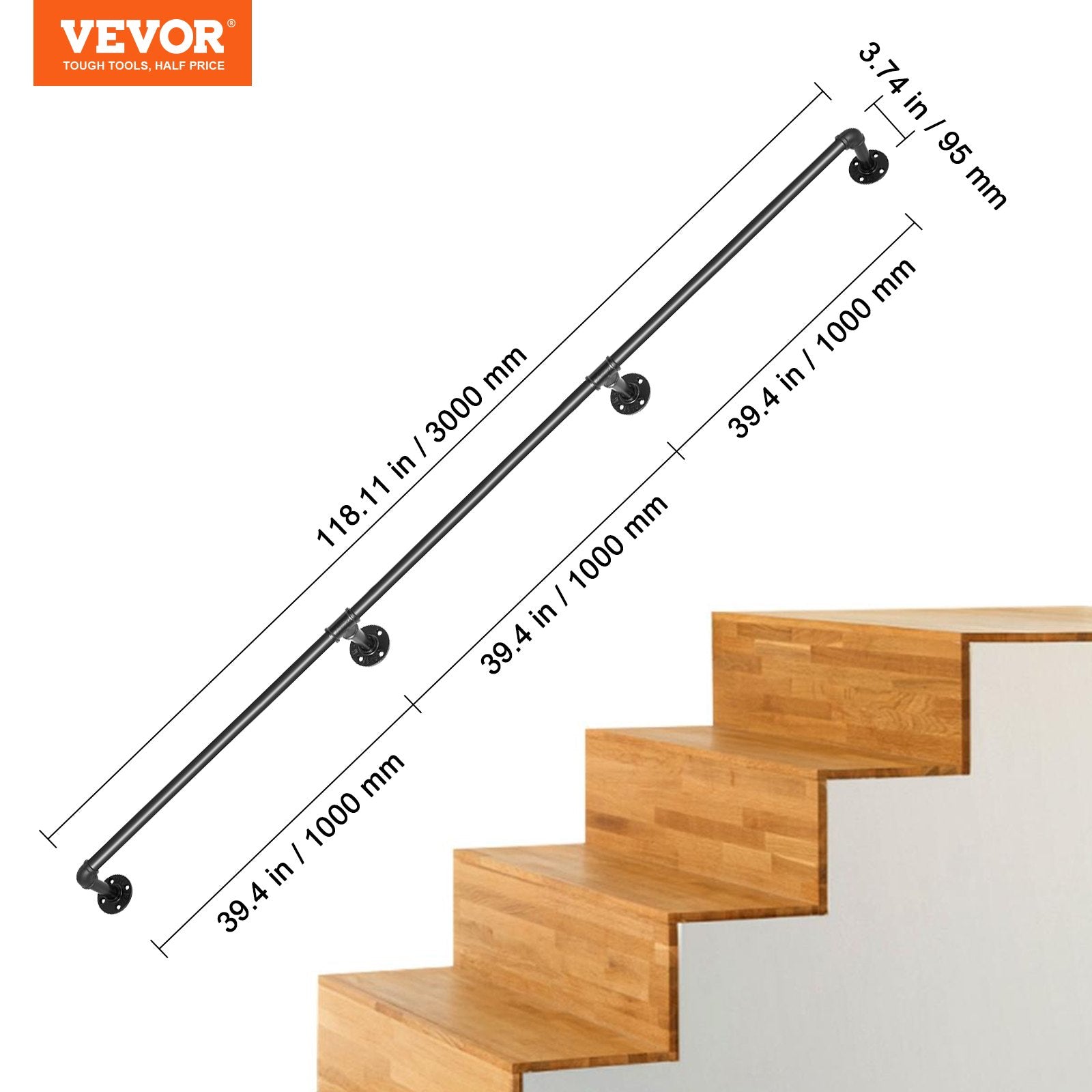 Dog Steps & Ramps: VEVOR Pipe Stair Handrail, 3m Staircase Handrail, 200KG Load Capacity Carbon Steel Pipe Handrail, Industrial Pipe Handrail with Wall Mount Support, Round Corner Wall Handrailing for Indoor, Outdoor