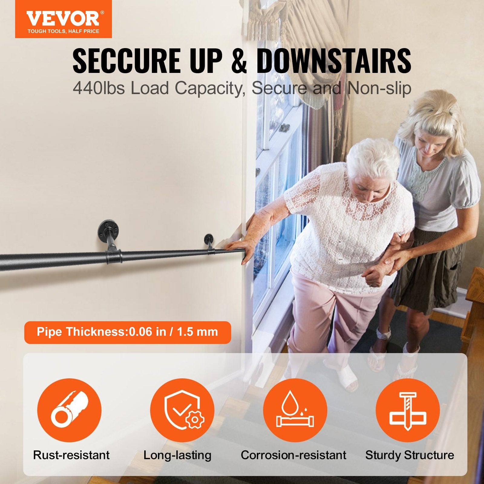 Pipe Stair Handrail, 11FT Staircase Handrail, 440LBS Load Capacity Carbon Steel Pipe Handrail, Industrial Pipe Handrail with Wall Mount Support, Round Corner Wall Handrailing for Indoor, Outdoor