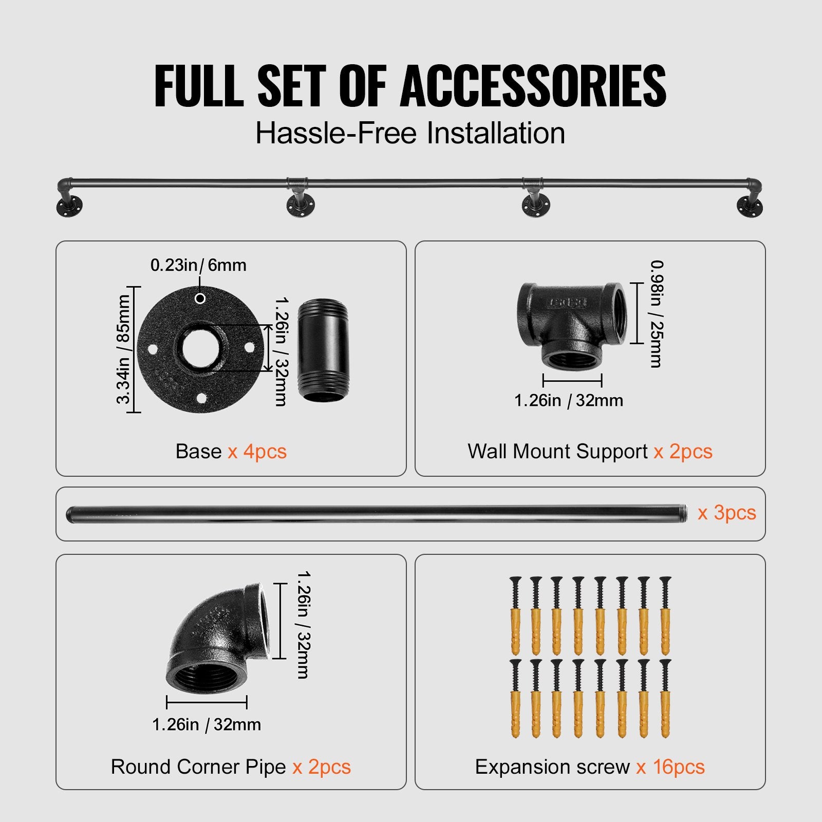 Pipe Stair Handrail, 11FT Staircase Handrail, 440LBS Load Capacity Carbon Steel Pipe Handrail, Industrial Pipe Handrail with Wall Mount Support, Round Corner Wall Handrailing for Indoor, Outdoor