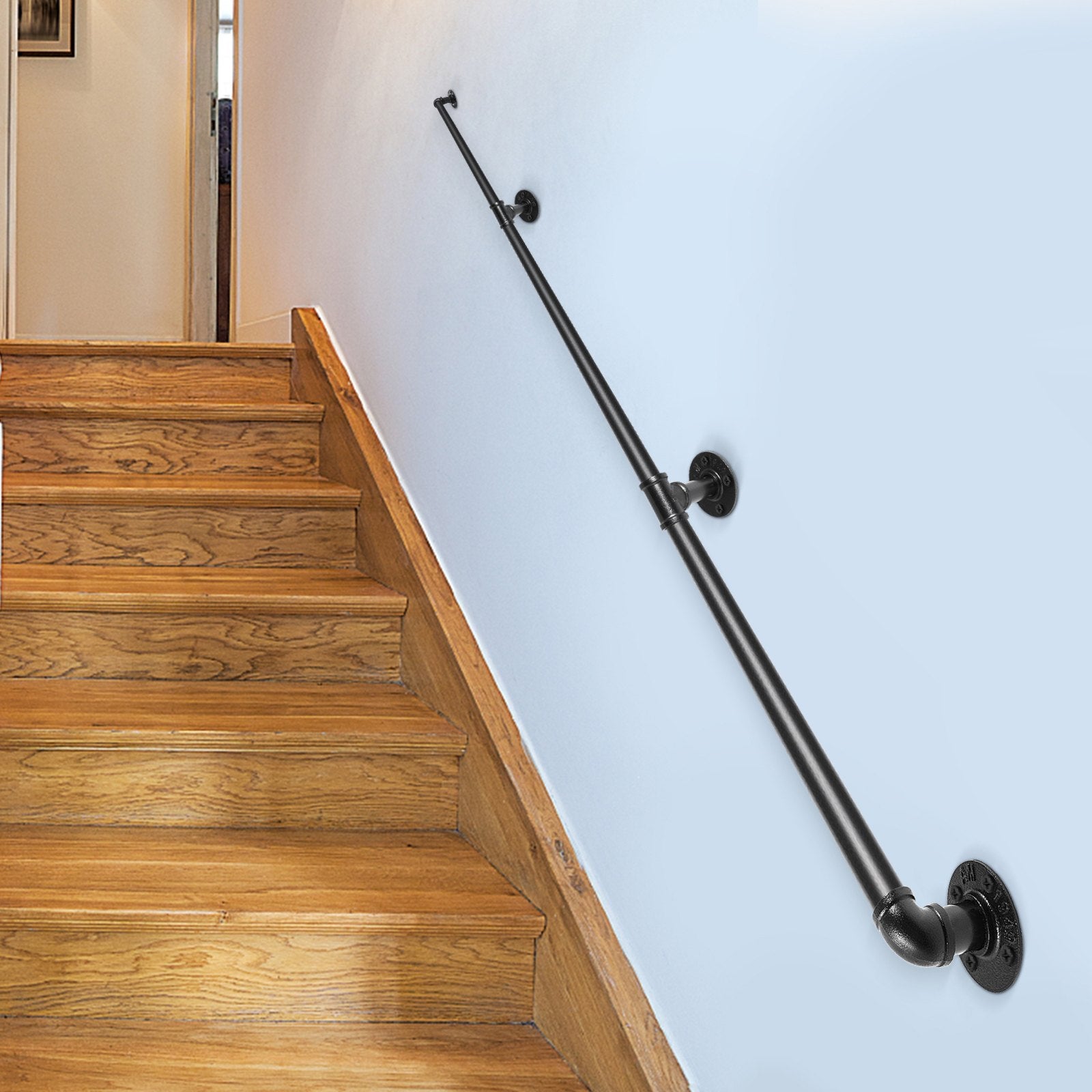 Pipe Stair Handrail, 11FT Staircase Handrail, 440LBS Load Capacity Carbon Steel Pipe Handrail, Industrial Pipe Handrail with Wall Mount Support, Round Corner Wall Handrailing for Indoor, Outdoor