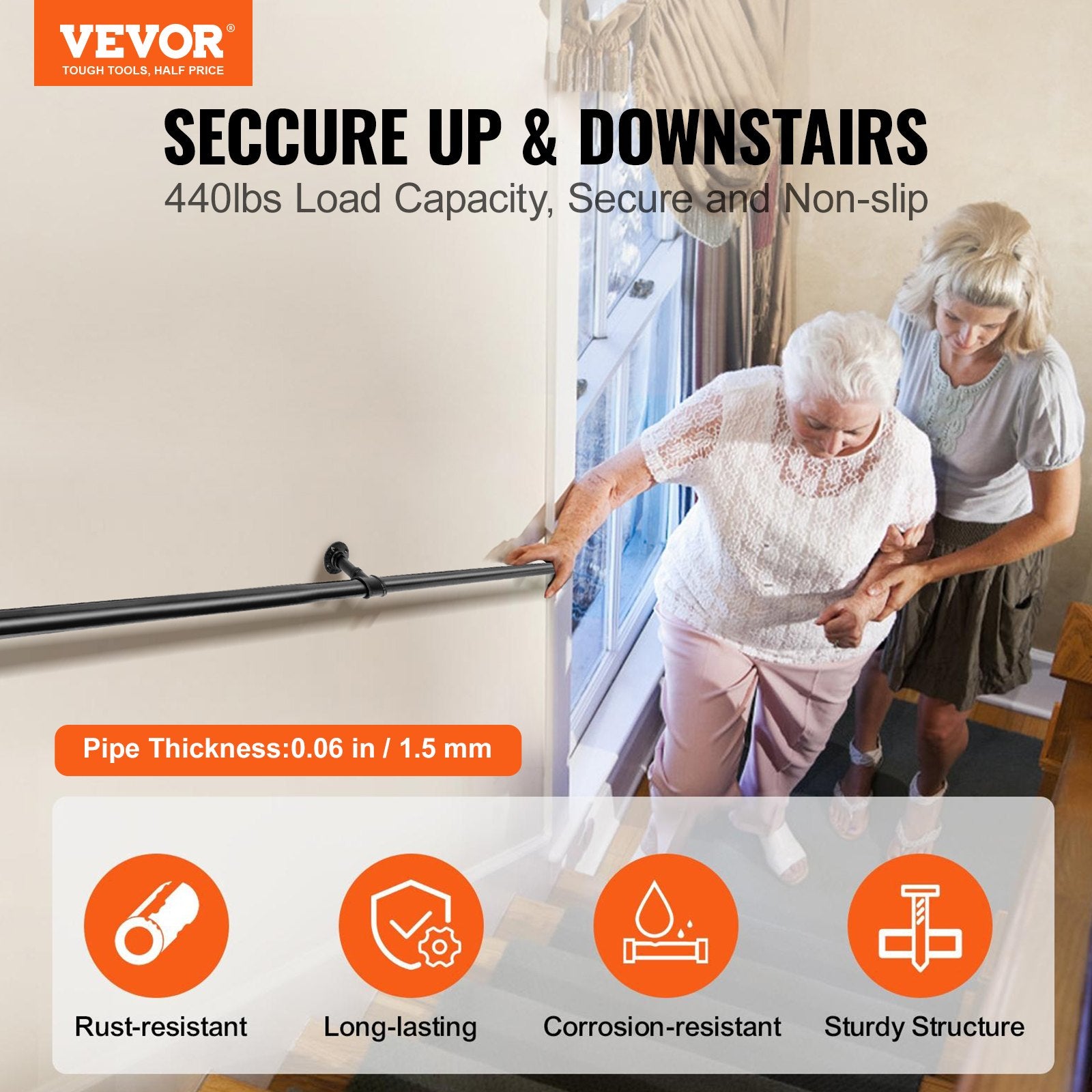 Dog Steps & Ramps: VEVOR Pipe Stair Handrail, 1.8m Staircase Handrail, 200KG Load Capacity Carbon Steel Pipe Handrail, Industrial Pipe Handrail with Wall Mount Support, Round Corner Wall Handrailings for Indoor, Outdoor