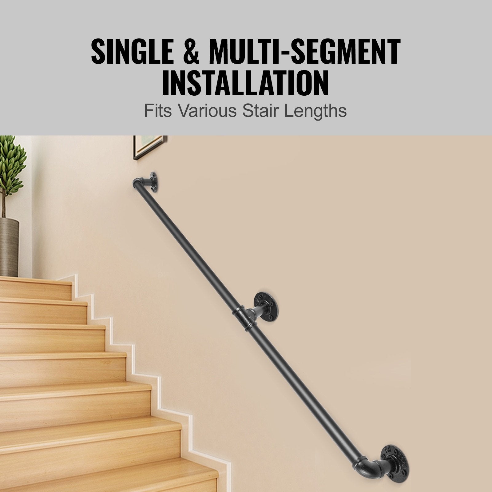 Dog Steps & Ramps: VEVOR Pipe Stair Handrail, 1.8m Staircase Handrail, 200KG Load Capacity Carbon Steel Pipe Handrail, Industrial Pipe Handrail with Wall Mount Support, Round Corner Wall Handrailings for Indoor, Outdoor