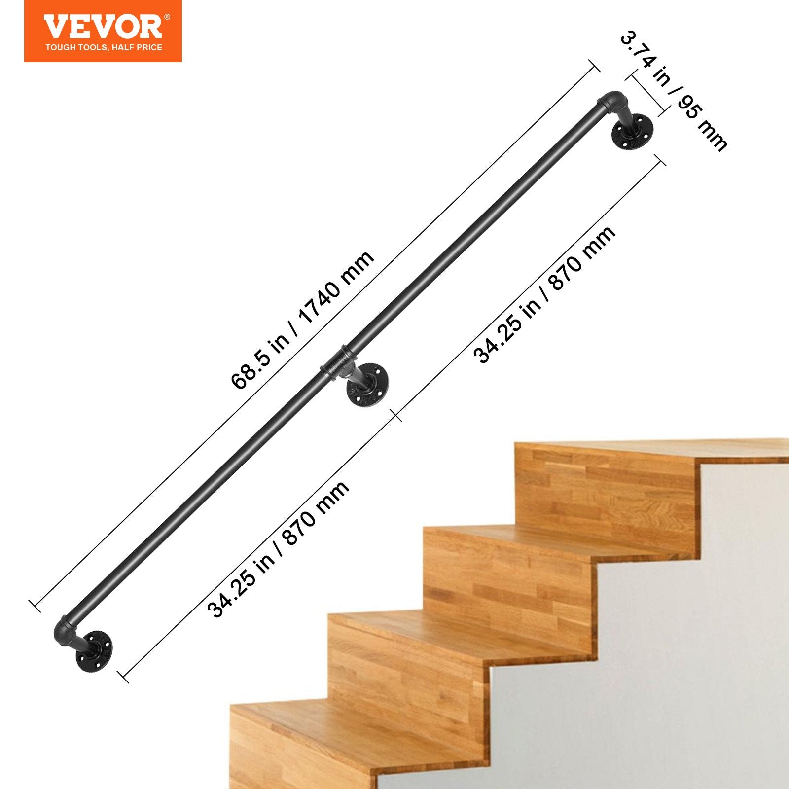 Dog Steps & Ramps: VEVOR Pipe Stair Handrail, 1.8m Staircase Handrail, 200KG Load Capacity Carbon Steel Pipe Handrail, Industrial Pipe Handrail with Wall Mount Support, Round Corner Wall Handrailings for Indoor, Outdoor
